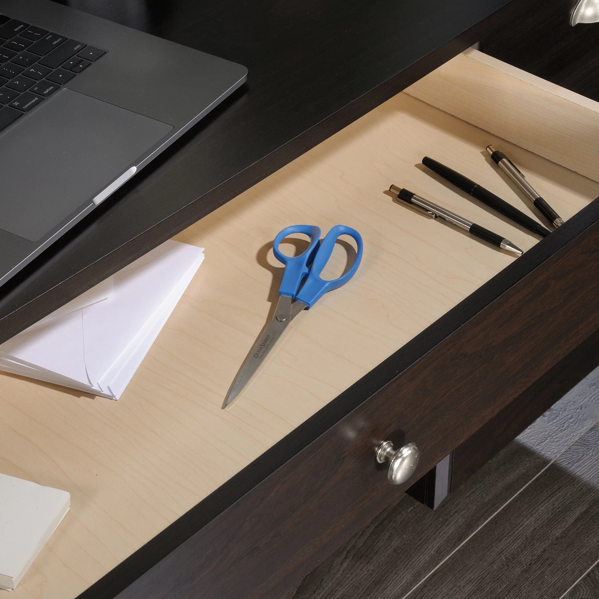 Sauder Shoal Creek Desk with Storage Drawers and Hutch, Jamocha Wood Finish