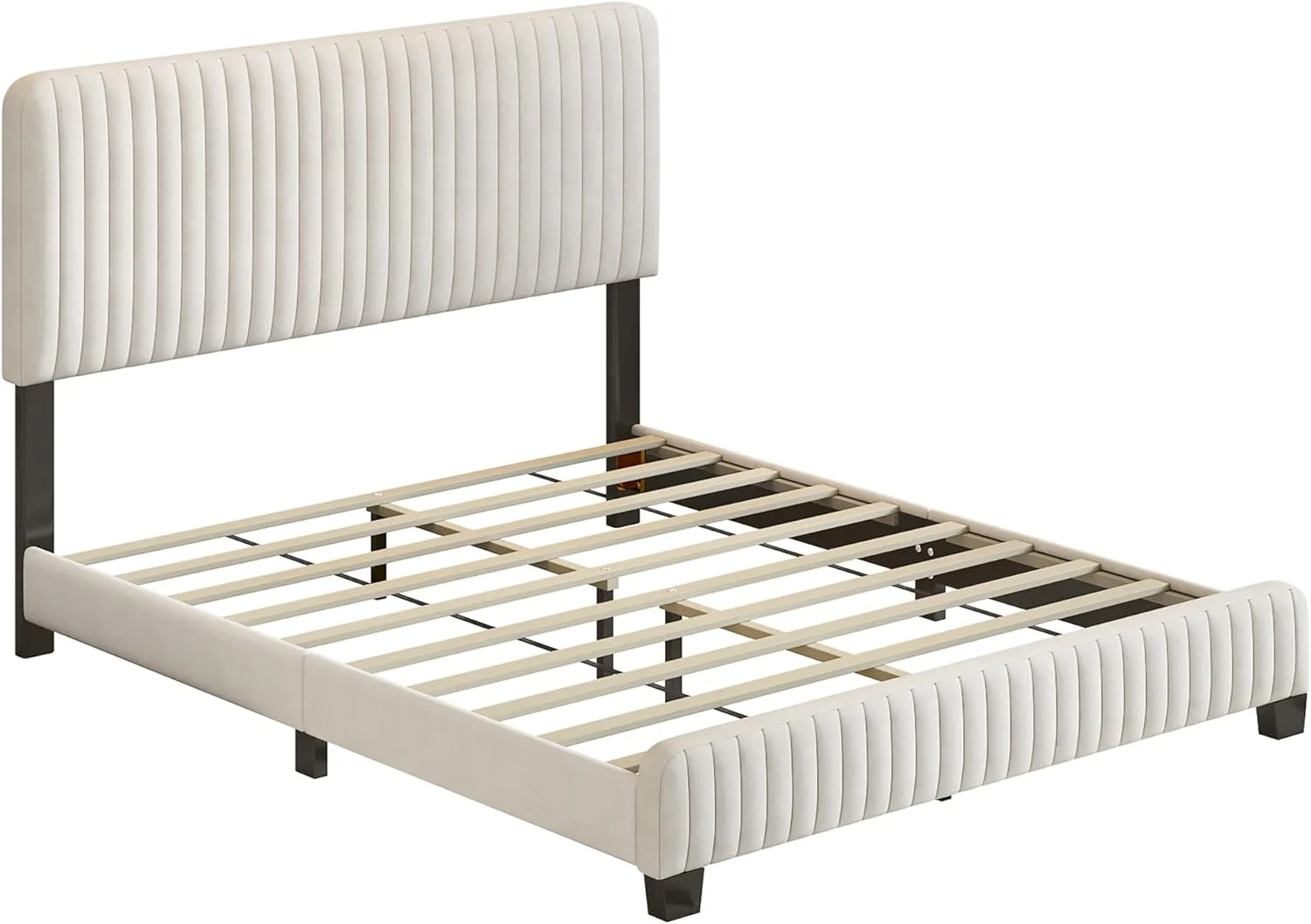 Full Size Bed Frame with Vertical Channel Tufted Wingback Headboard,Platform Upholstered in Velvet Fabric,Mattress Foundation Wooden Slats & Metal Support,Easy Assembly