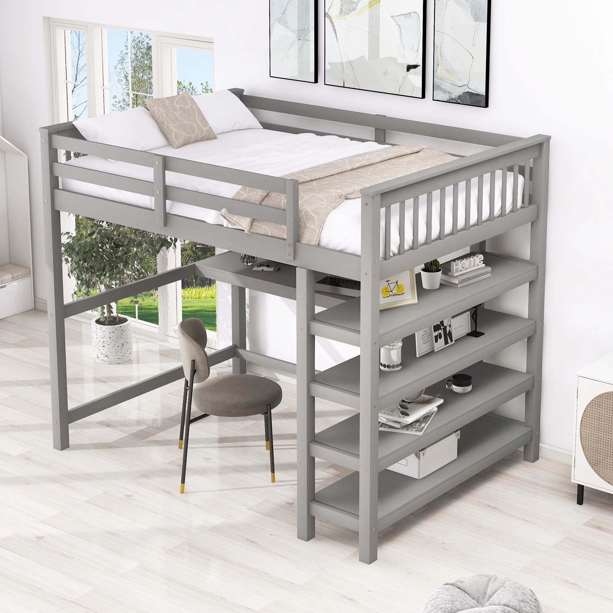 Euroco Solid Wood Full Loft Bed with Desk and 4-Tier Storage Shelves for Kids Bedrrom, Gray