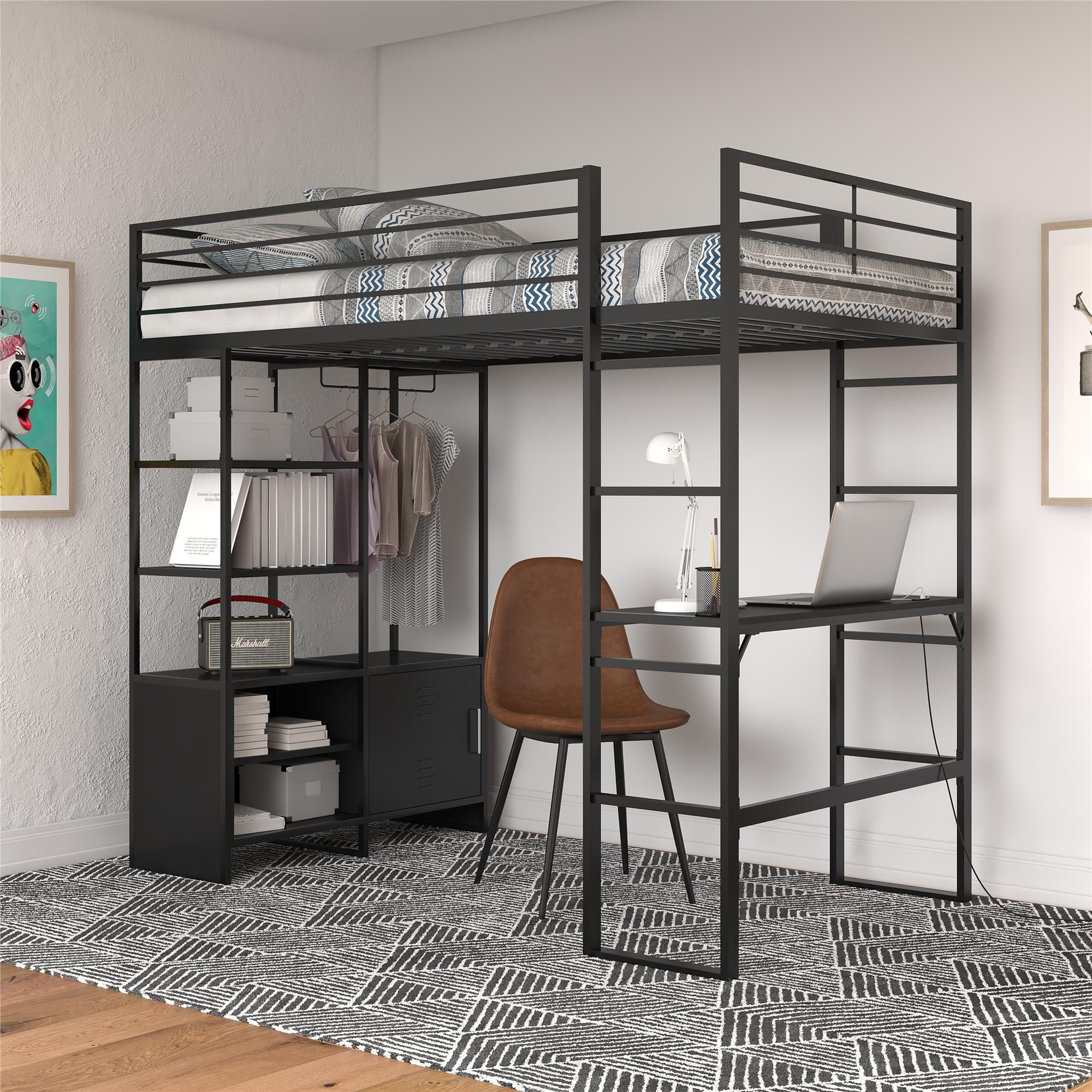 DHP Lanis Metal Storage Loft Bed with Desk, Shelves, Cabinet and USB Port, Twin, Black