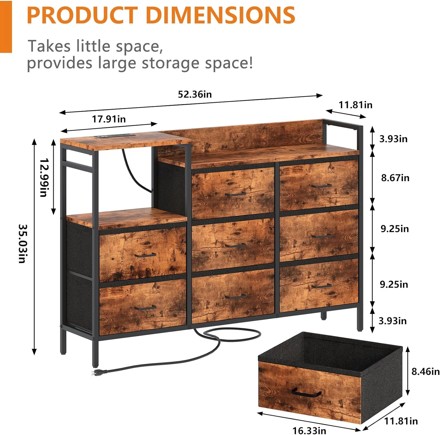 8 Drawer Dresser for Bedroom with Charging Station, Wide Chest of Drawers,Long Fabric Dresser TV Stand,Storage Organizer Unit with Fabric Bins for Entryway,Closet, Living Room,rustic brown