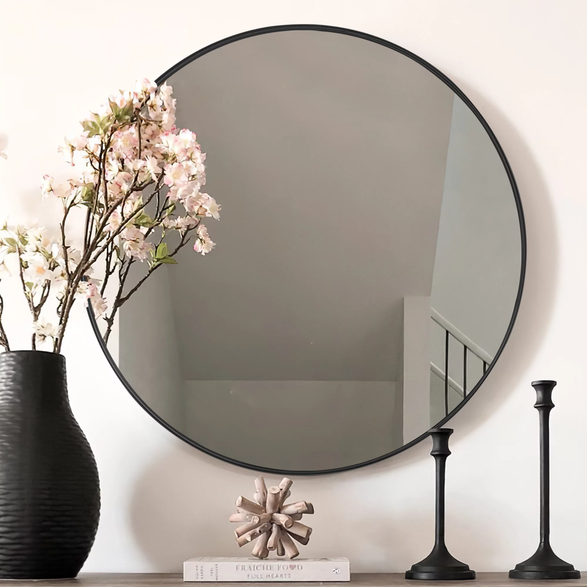 NeuType Aluminum Alloy Round Deep Mirror Hanging Mirror Decorative Mirror for Bedroom, Vanity Washrooms,32