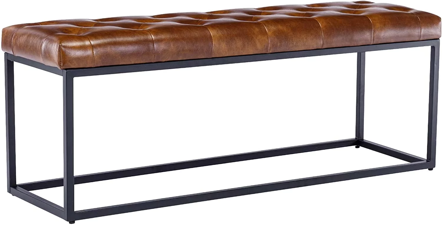 Duhome Faux Leather Bench Modern Tufted Bedroom Bench with Metal Base Accent Upholstered Bench for Living Room Entryway Bed End Decorative, Brown