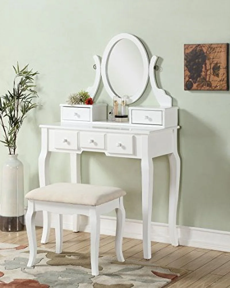 3-Piece Wood Make-Up Mirror Vanity Dresser Table and Stool Set, White