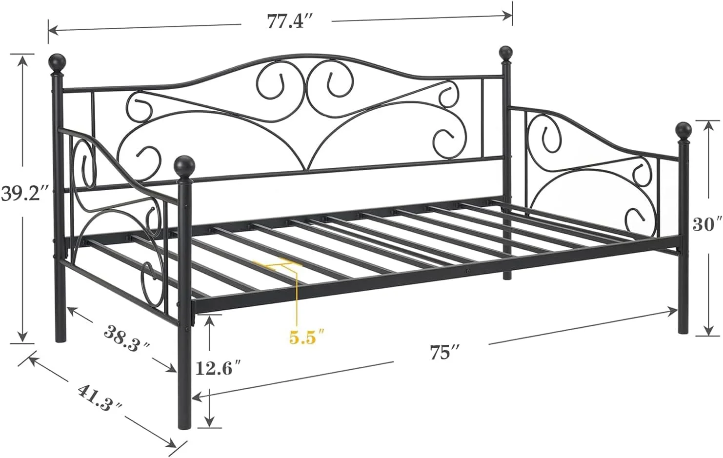 QCAI Daybed, Metal Twin Bed Frame with Headboard, Heavy Duty Steel Slats Support for Living Room Bedroom Guest Room, Easy Assembly