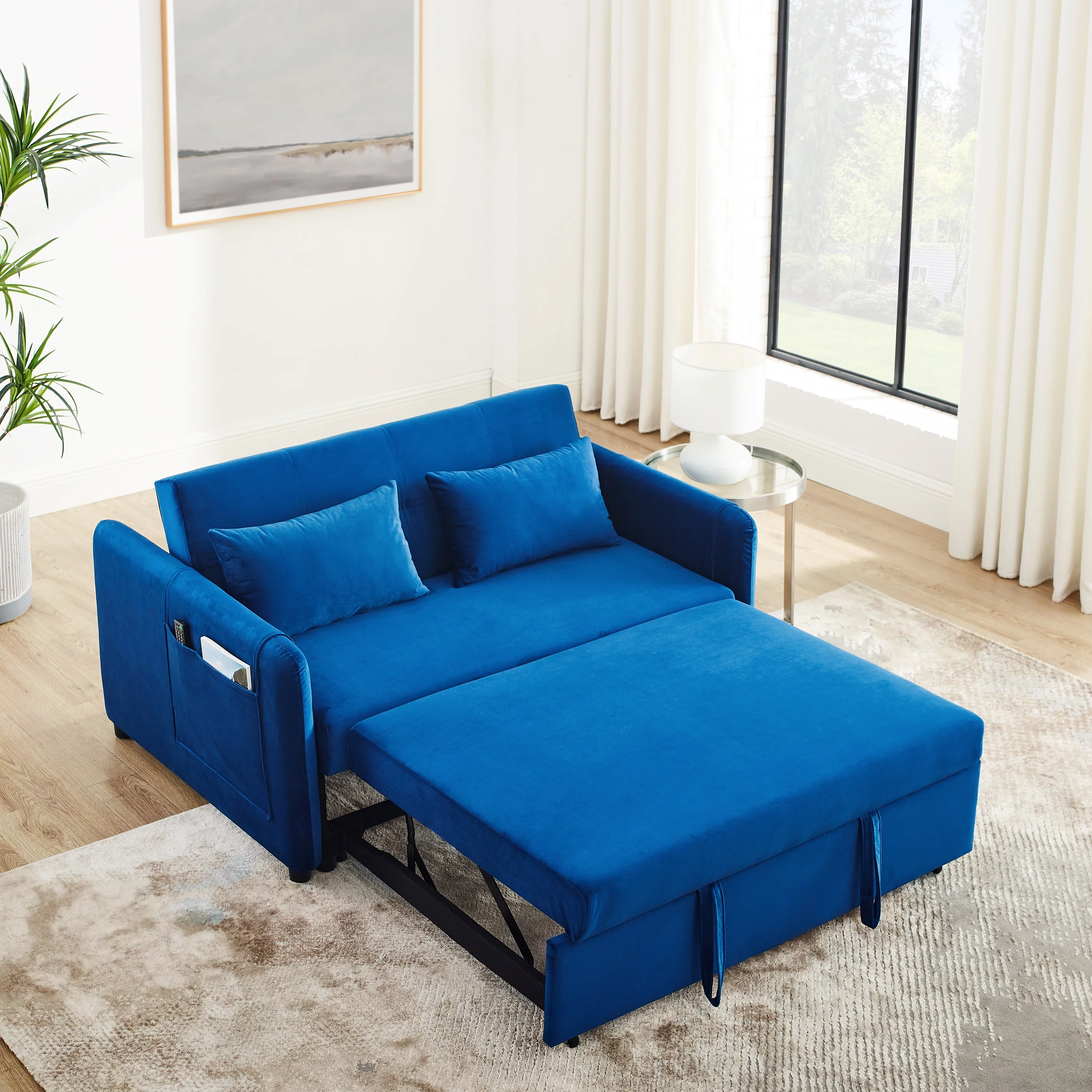 Modern Velvet Pull Out Convertible Sleeper Sofa Bed, Folding Loveseat Futon Couch with Adjustable Backrest Lumbar Pillows for Living Room Bedroom Office