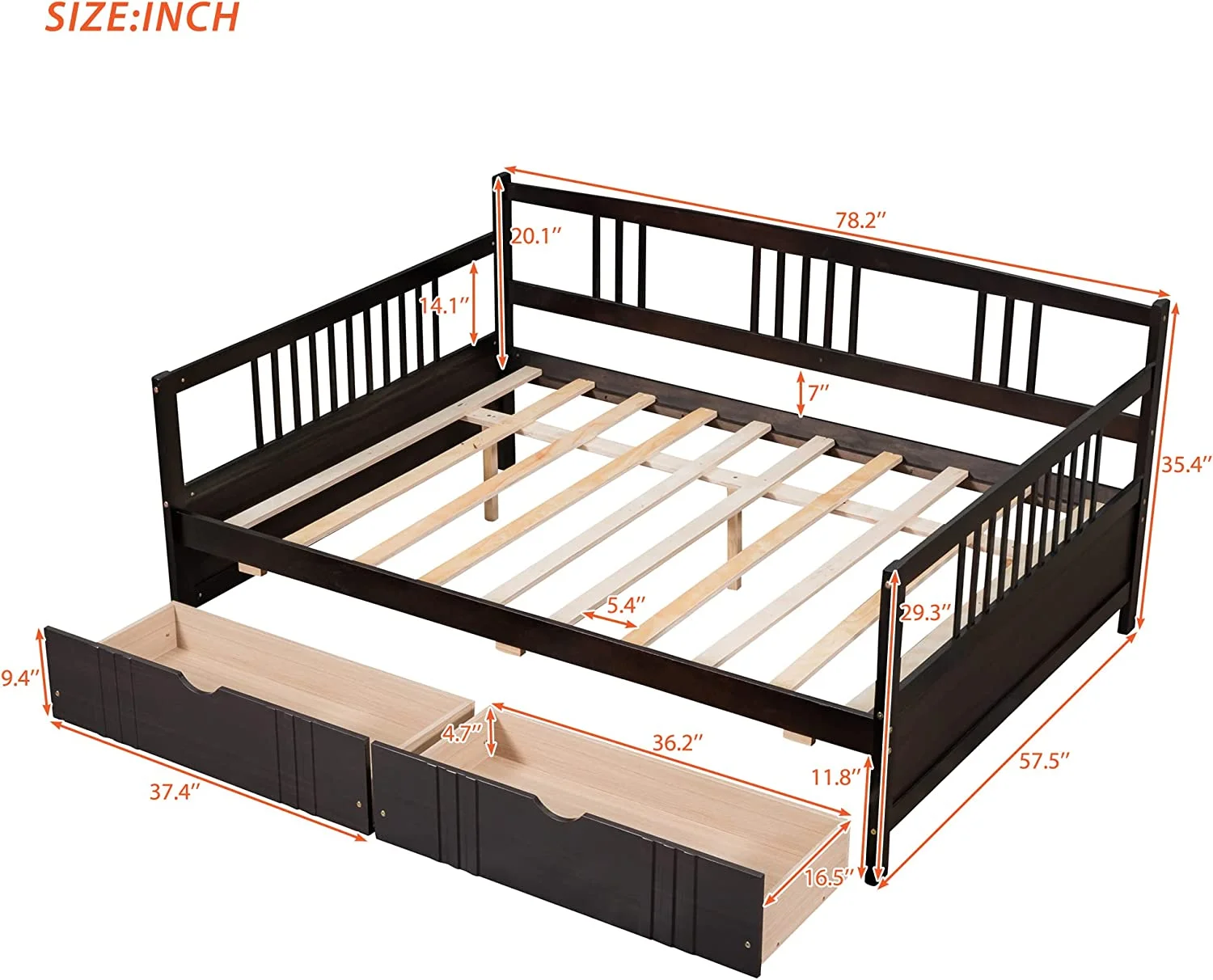 Full Size Daybed Wih Sorage Drawers, Wood Daybed Frame Wih 2 Drawers, For Kids ees Guess. o Box Sprig eeded, Bedroom Livig Room Furiure (Espresso)