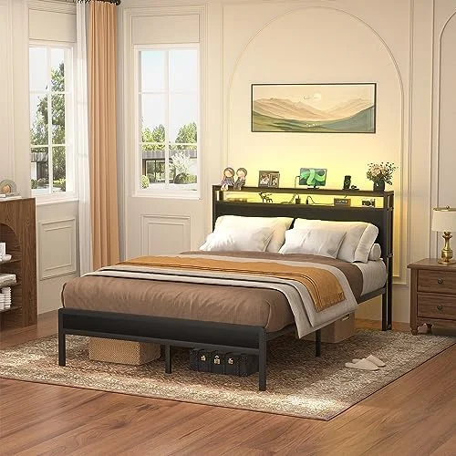 xrboomlife Queen Size Bed Frame with Charging Station and Led Lights  Industrial Metal Platform Bed with  Headboard  Steel Slat Support  No Box Spring Needed  Noise-Free  Easy Assembly  B