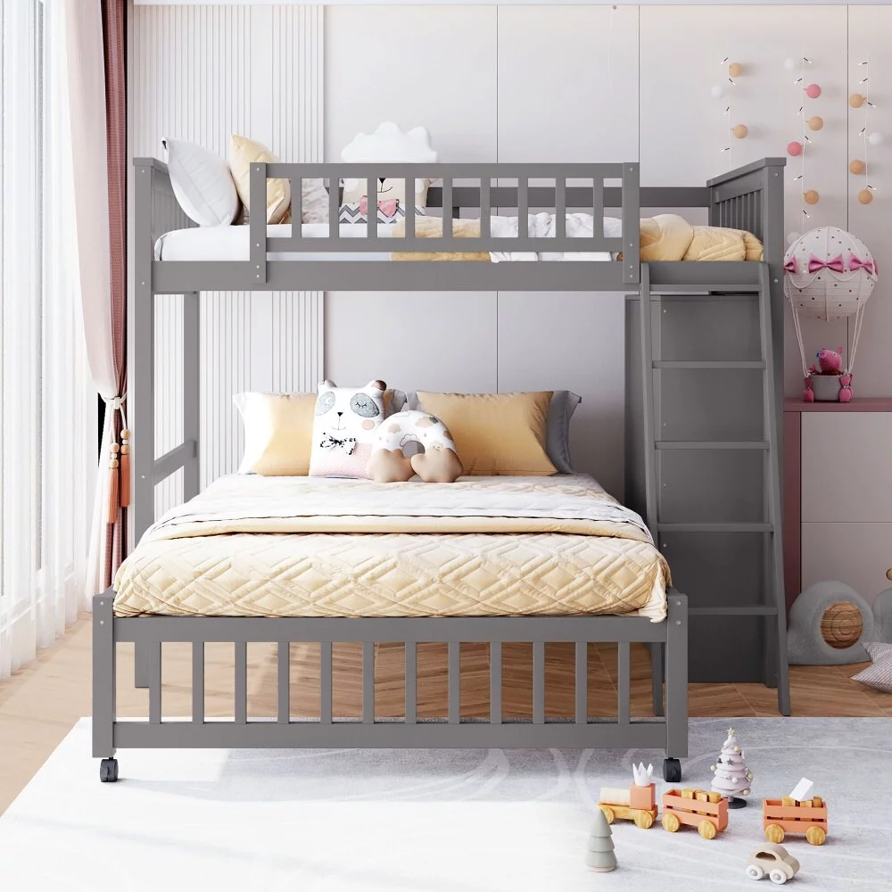 Twin Over Full Bunk Bed with Six Drawers and Shelves White