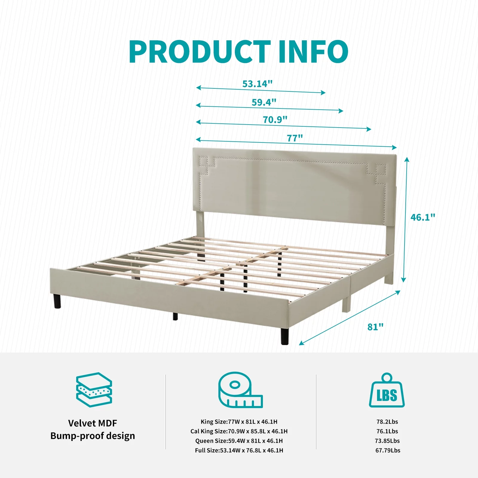 MUZZ King Bed Frame, Wood Platform Bed Frame with Headboard, Solid Wood Foundation with Wood Slat Support / No Box Spring Needed / Easy Assembly,(Beige)