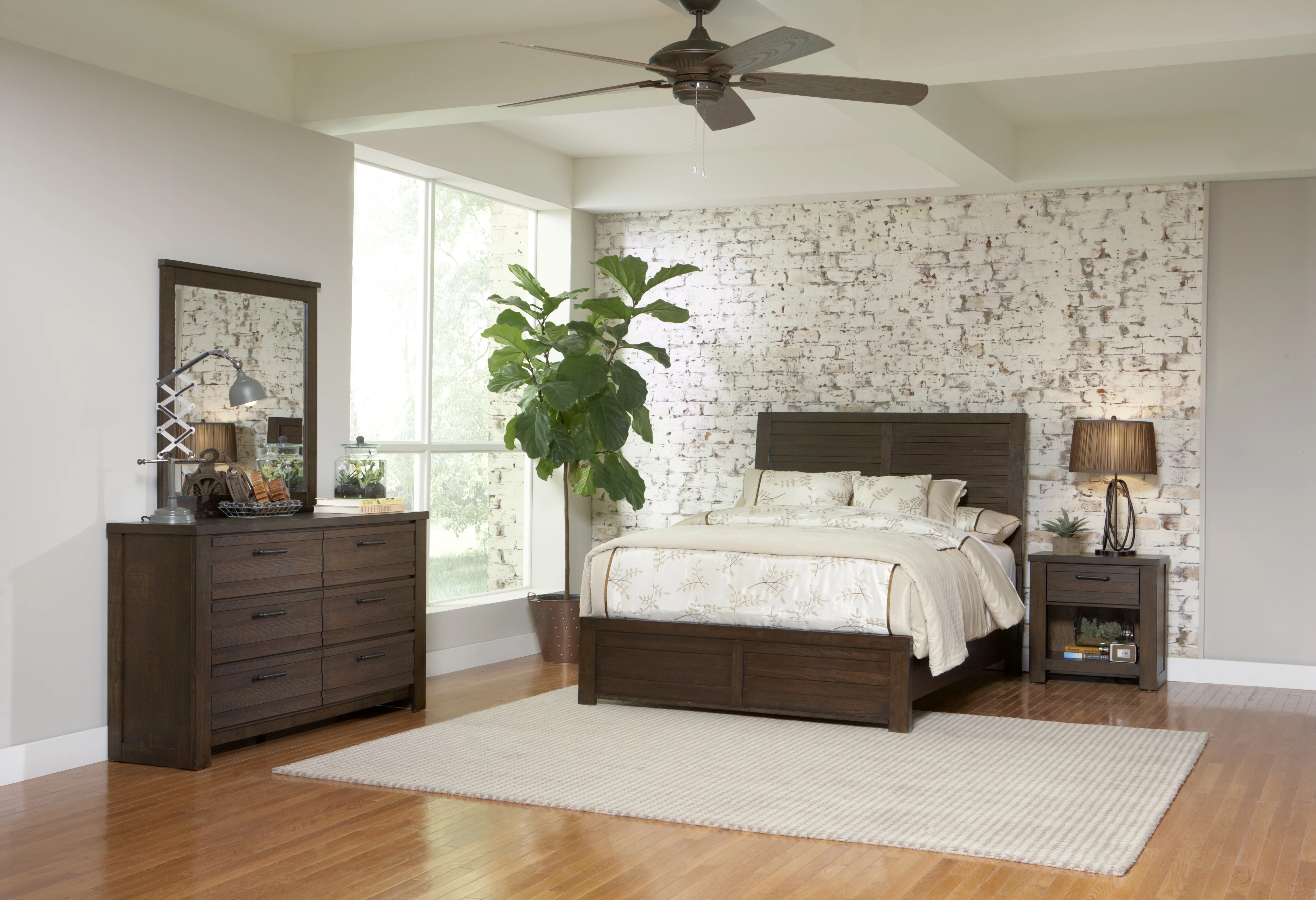 Sedona Transitional Wood Bedroom Set, Panel Queen Bed with Dresser, Mirror, Nightstand in Espresso