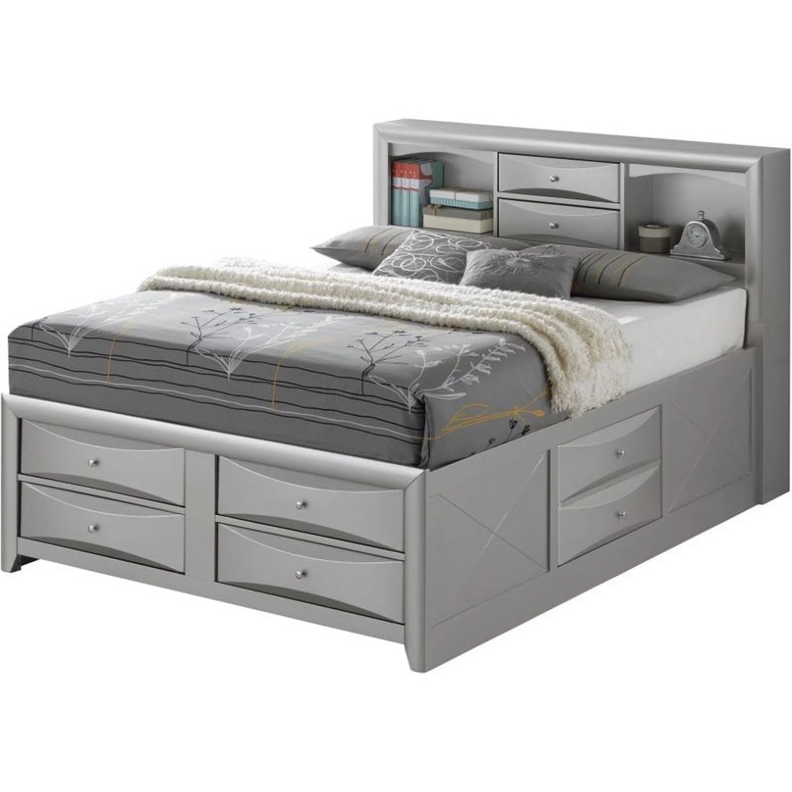 Maklaine Wood Full Bookcase Storage Bed with Open Shelves & Drawers in Gray