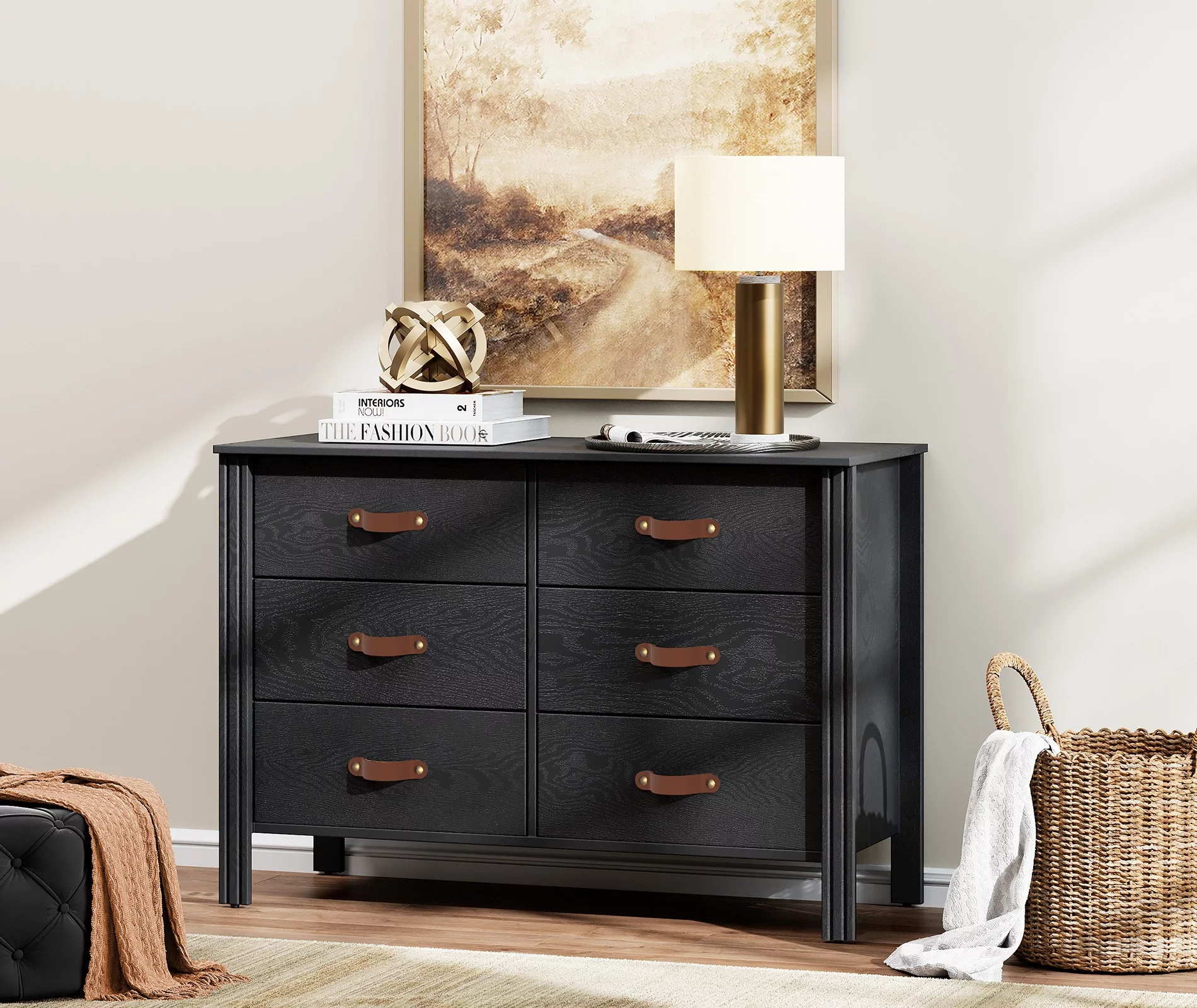 Dresser for Bedroom, Wood Dresser with 6 Drawers, Storage Cabinet for Living Room, Hallway, Black