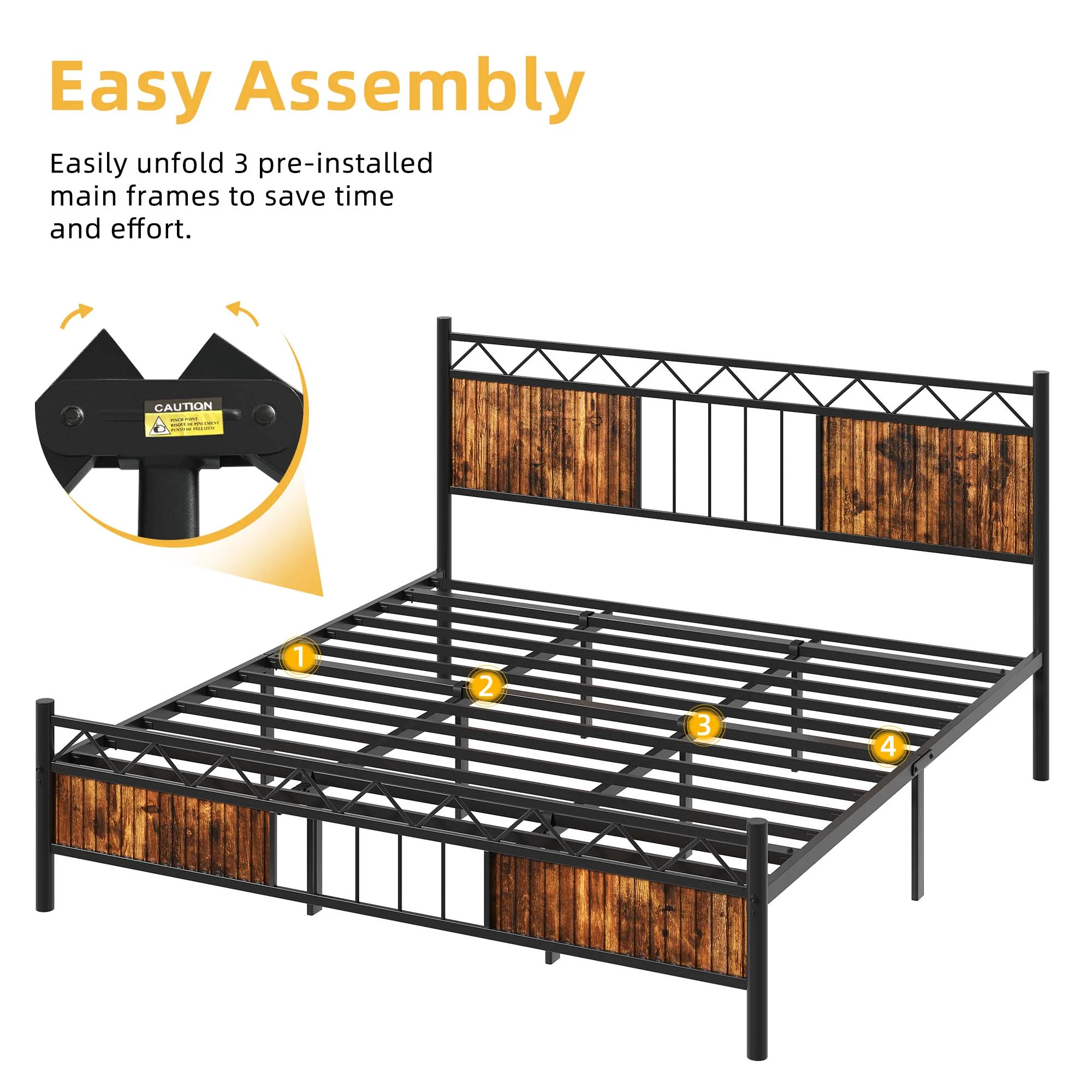 DWVO King Size Platform Metal Bed Frame with Headboard & Soundproof Cotton, Black and Brown