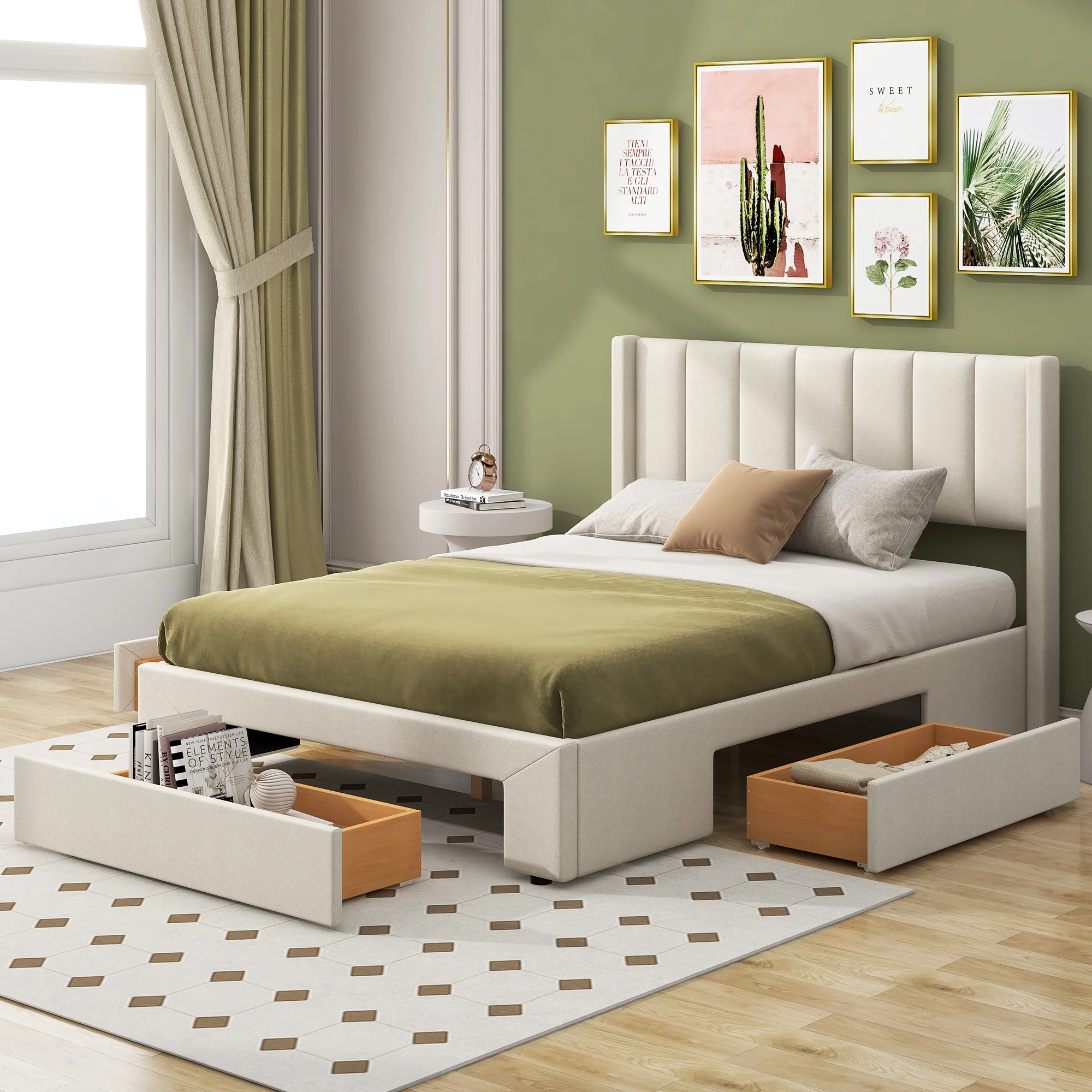 EUROCO Full Size Upholstery Platform Bed with Three Storage Drawers for Bedroom, Beige