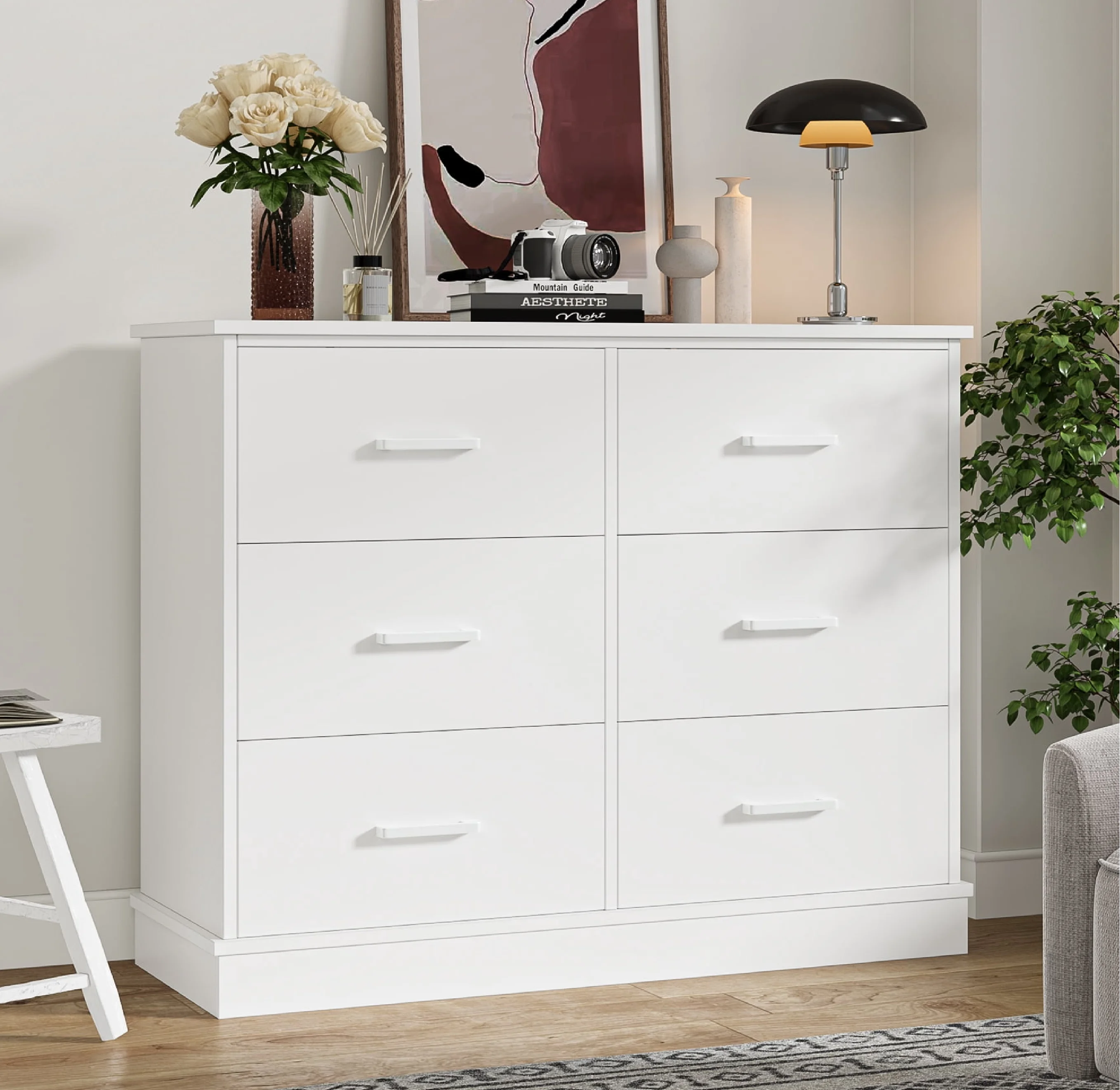 Homfa 6 Drawer Horizontal Dresser for Bedroom, Living Room Wood Storage Cabinet with Sturdy Base