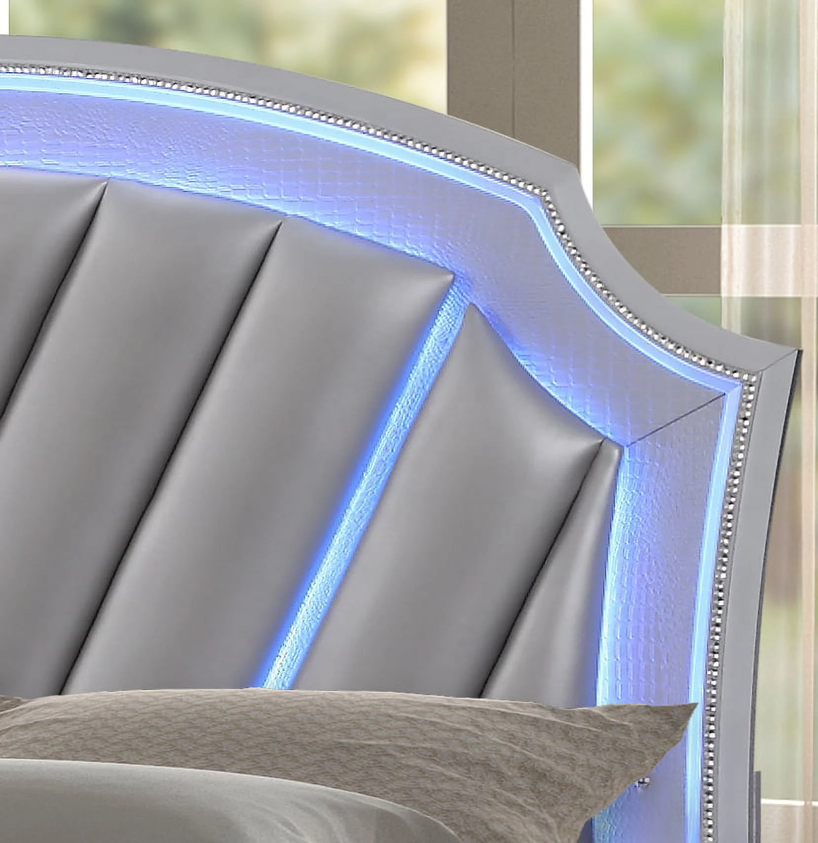 Sportaza Upholstered Low Profile Platform Amber King Silver LED Bed made with Wood