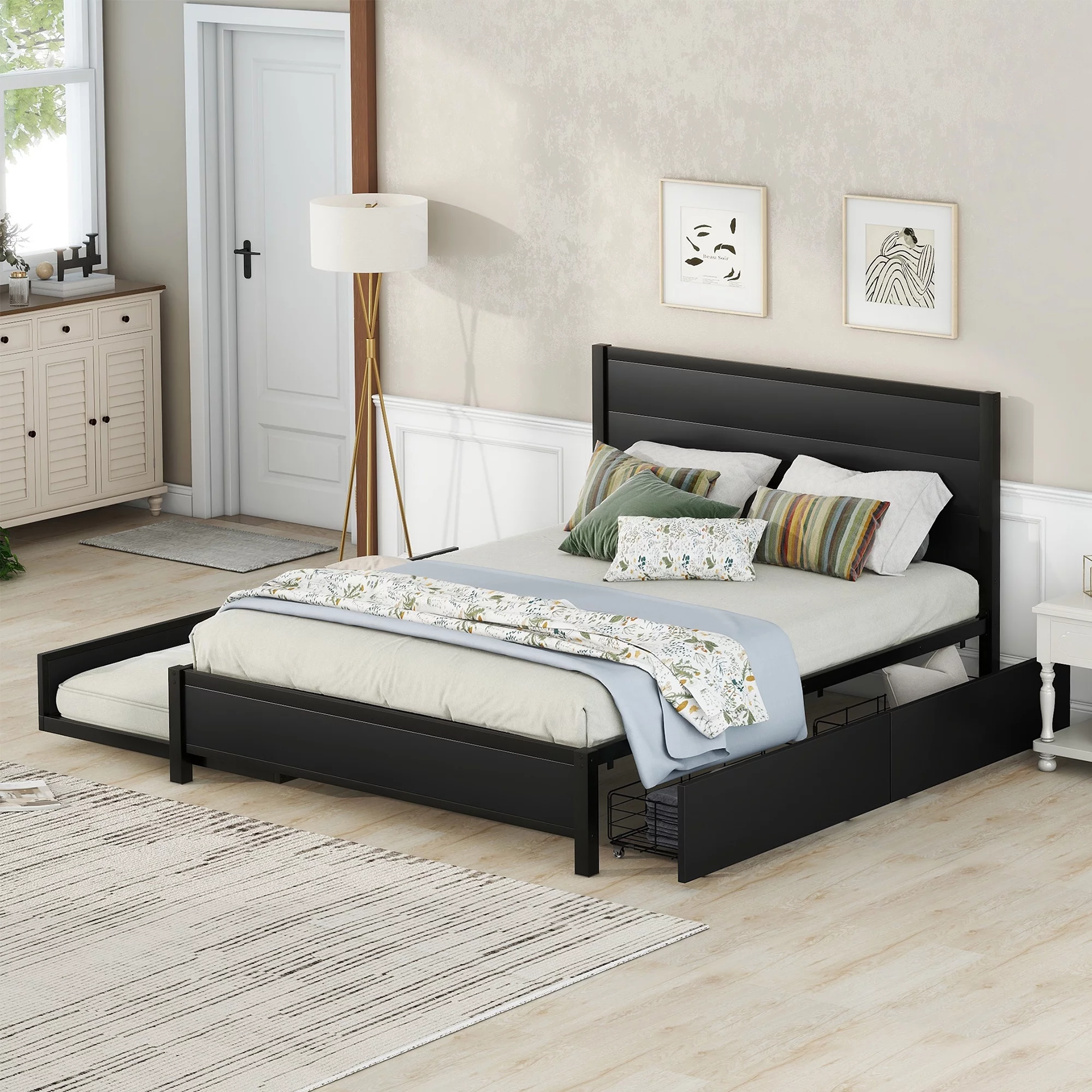 CoSoTower Metal Queen Size Storage Platform Bed with Twin Size Trundle and 2 Drawers, Black