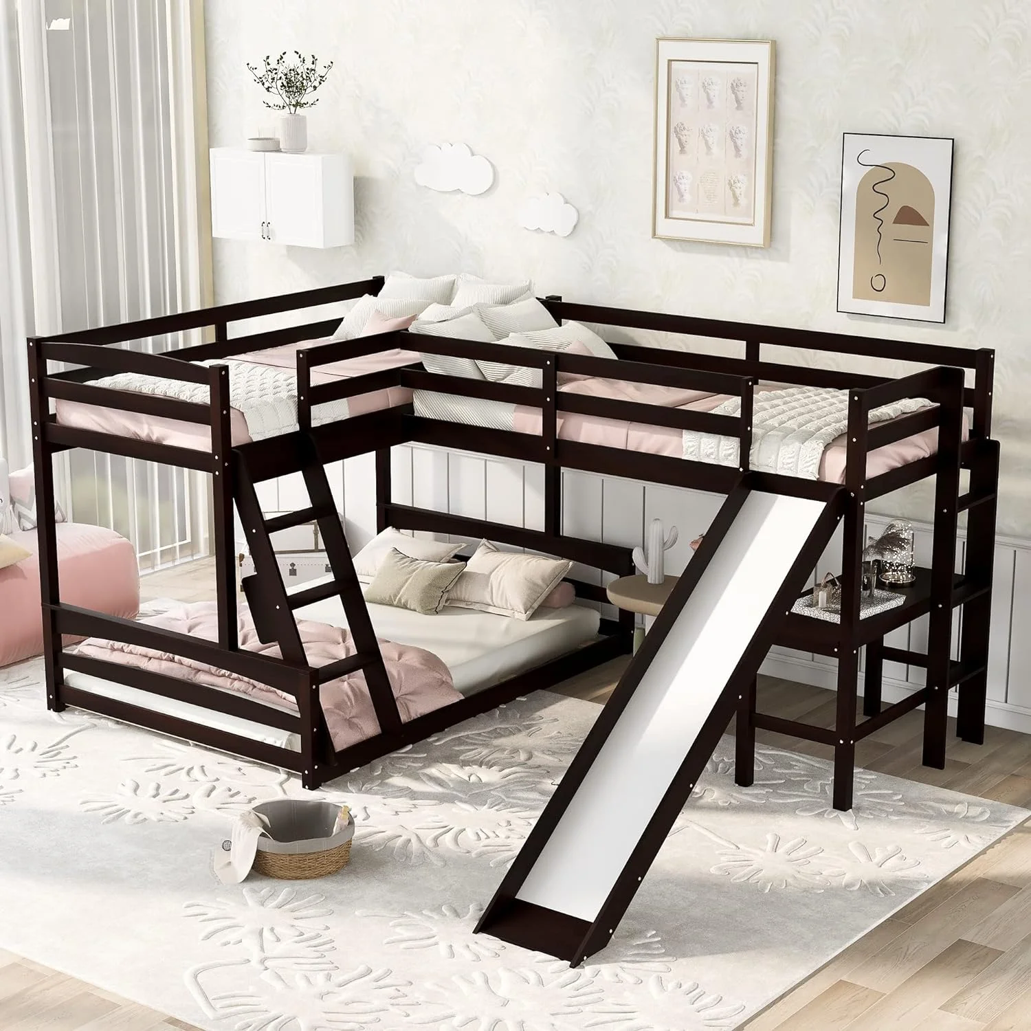 3 I 1 Buk Bed Over Full Buk Bed With Size Loft Bed With Desk Ad Slide For Kids Boys Girls,Full-Legth Guardrail, Espresso