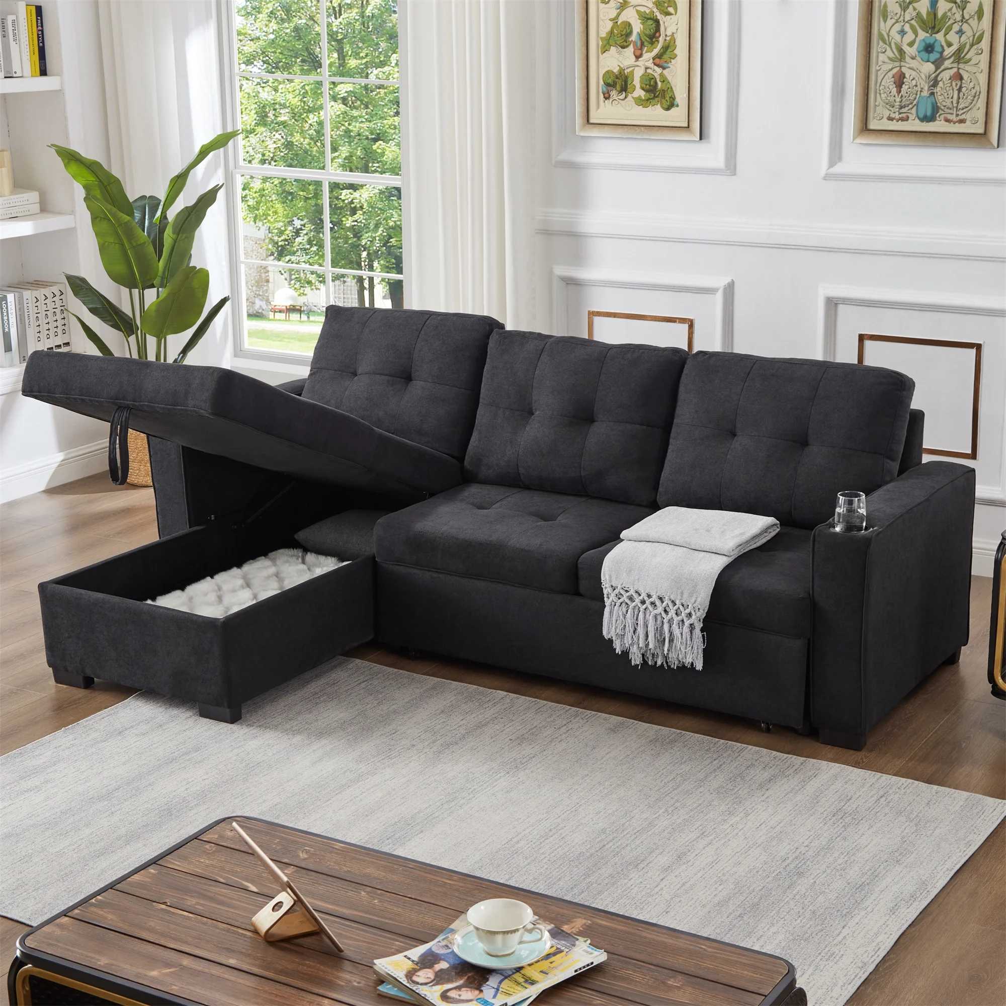 GEXPUSM Sleeper Sofa, Modern Convertible Black Sofa Bed with Pull Out Couch Bed, L Shaped Sofa with Storage Chaise, Linen Couches for Living Room