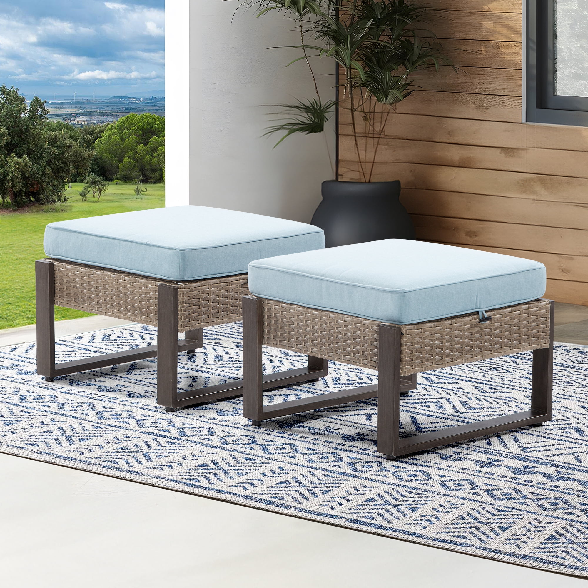 Meetleisure 2-Piece Outdoor PE Rattan Ottomans with Removable Cushions, Sky Blue