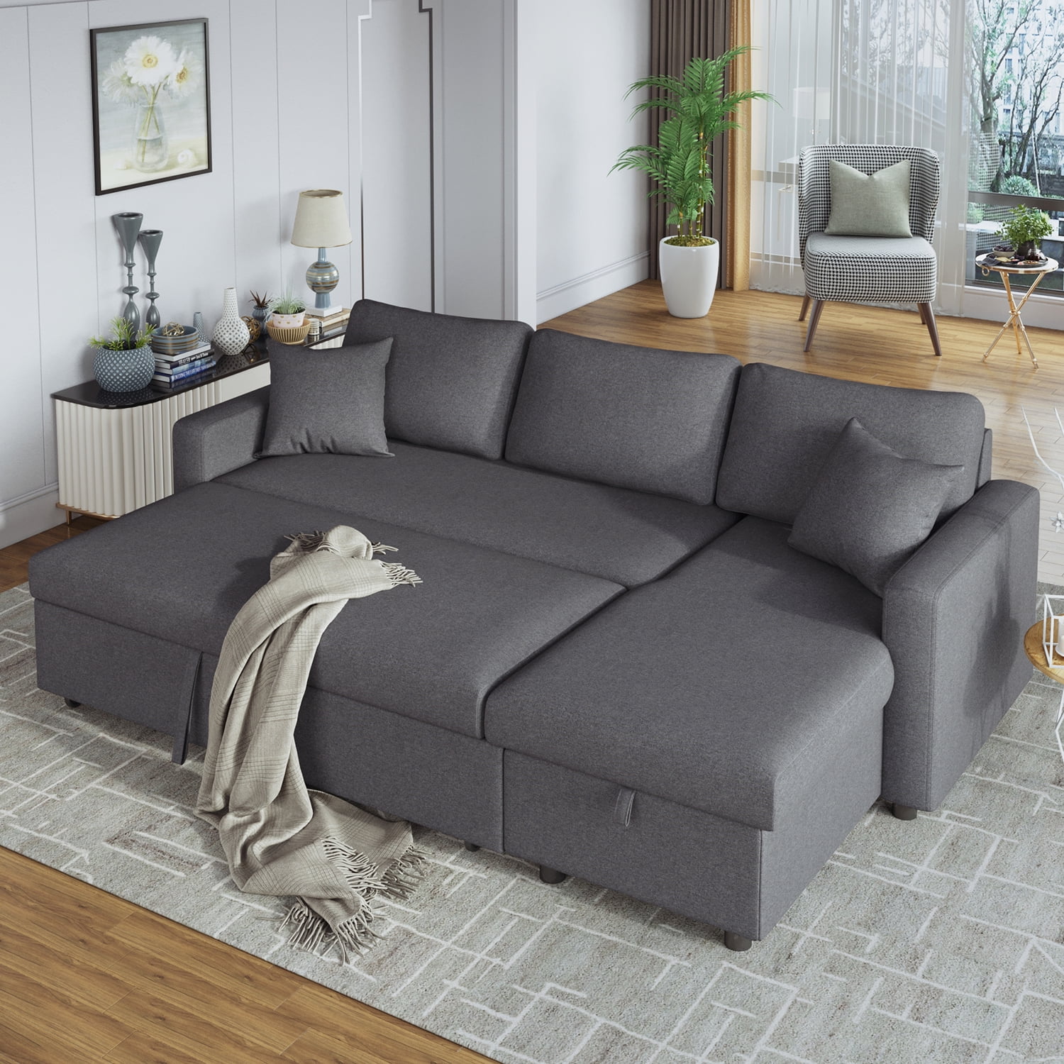 Churanty Upholstery Sleeper Sectional Sofa Pull Out Bed with Storage Chaise,Gray