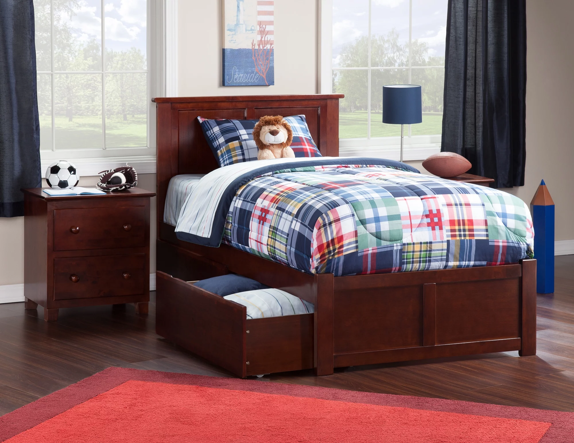 AFI Madison Twin Solid Wood Platform Bed with Footboard & 2 Storage Drawers in Walnut