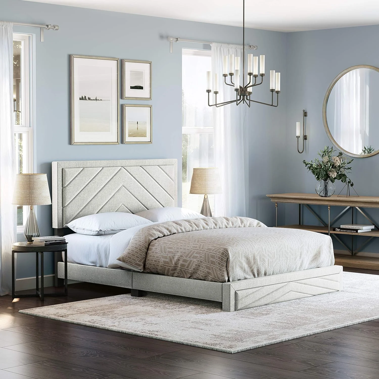 Barcelona Upholstered Platform Bed With Headboard And Durable Mattress Foundation With Strong 14 Wood Slat Supports, No Boxspring Required: King, White