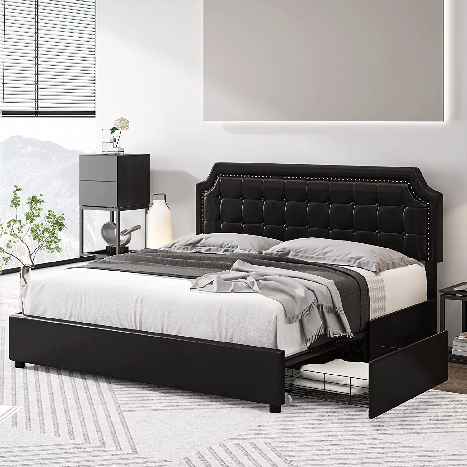 Upholstered Queen Bed Frame with 4 Storage Drawers, Platform Bed with Curved Button Tufted Headboard with Nailhead Trim, Solid Wooden Slats Support, No Box Spring Needed, Black