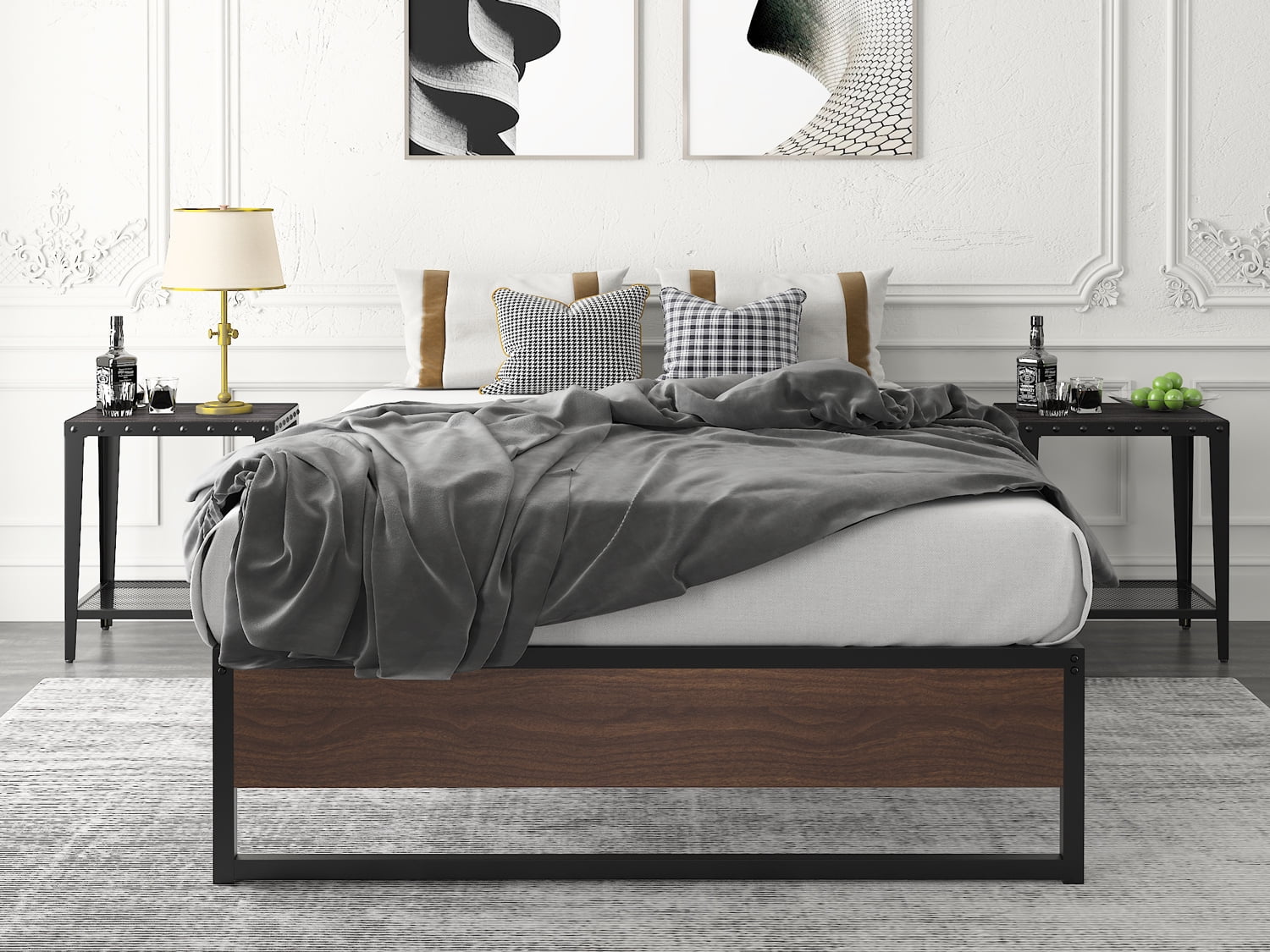 Amolife Twin Size Platform Bed Frame with Rustic Wood, Metal Slats, Black