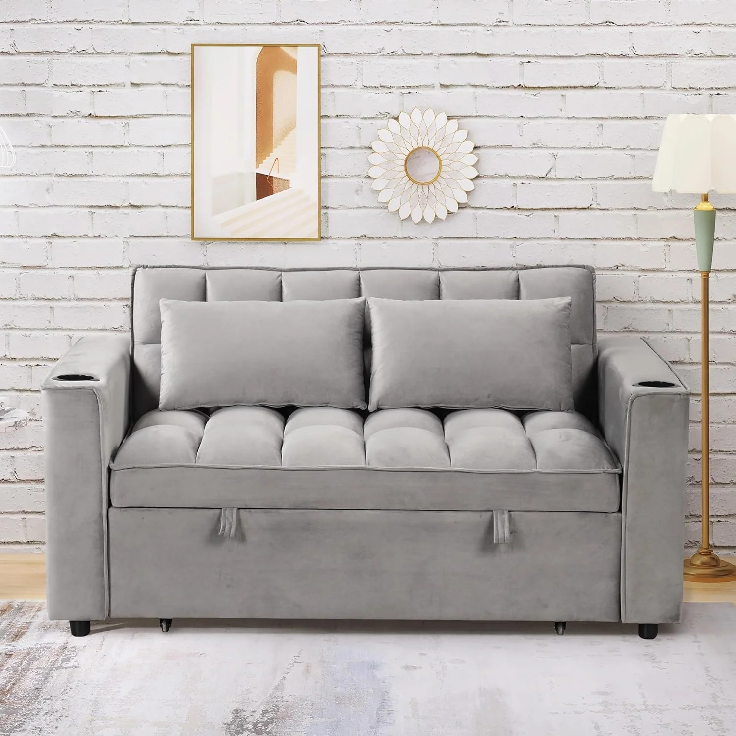 Convertible Sofa Couch With Pull Out Bed, 3-In-1 Multi-Functional Sofa Bed With Cup Holder And USB Port, 2 Seat Loveseat Sleeper Sofa Bed For Small Space, Living Room