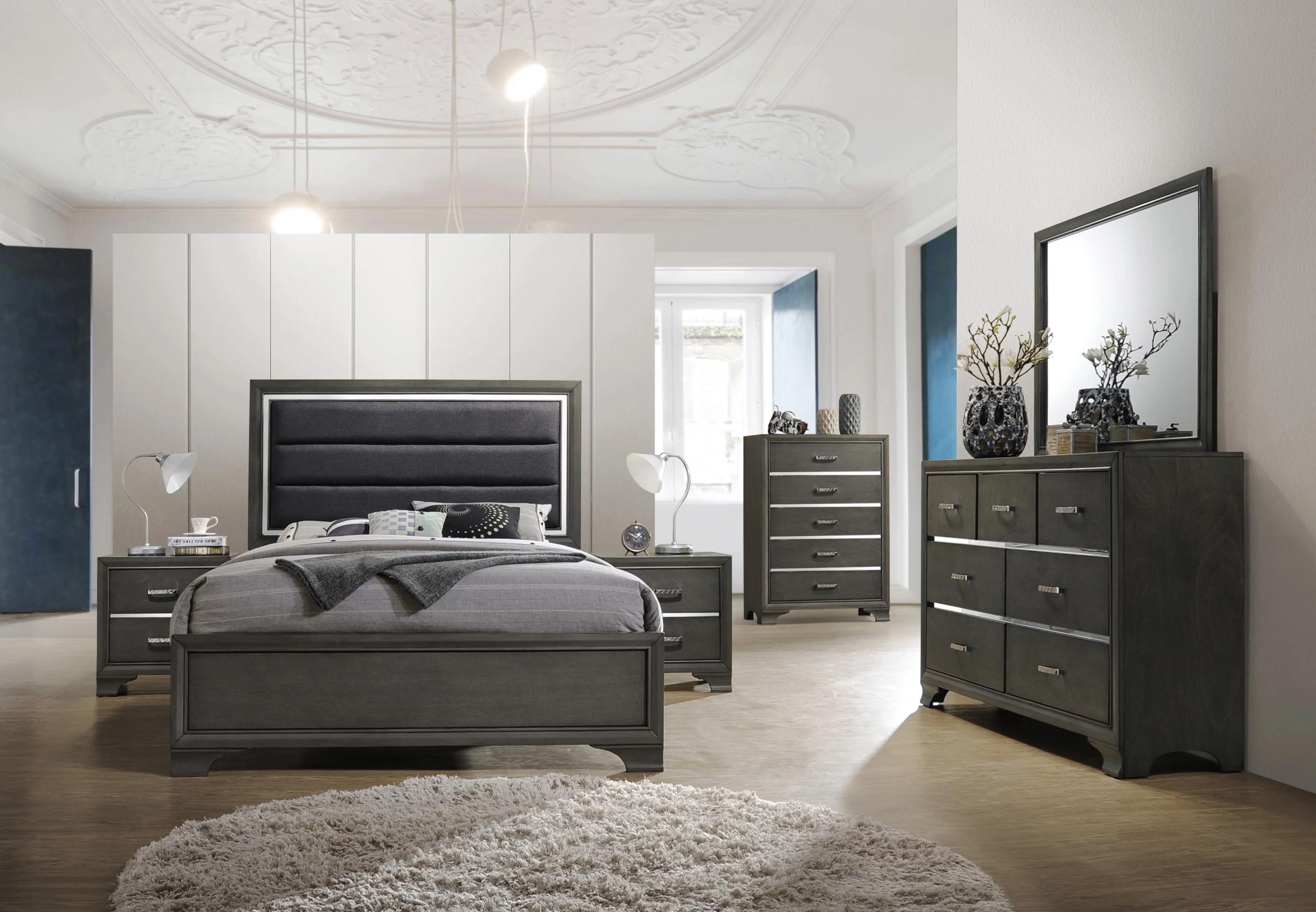 Sonata 5 Piece Queen Size Bedroom Set, Gray Wood & Faux Leather, Modern
