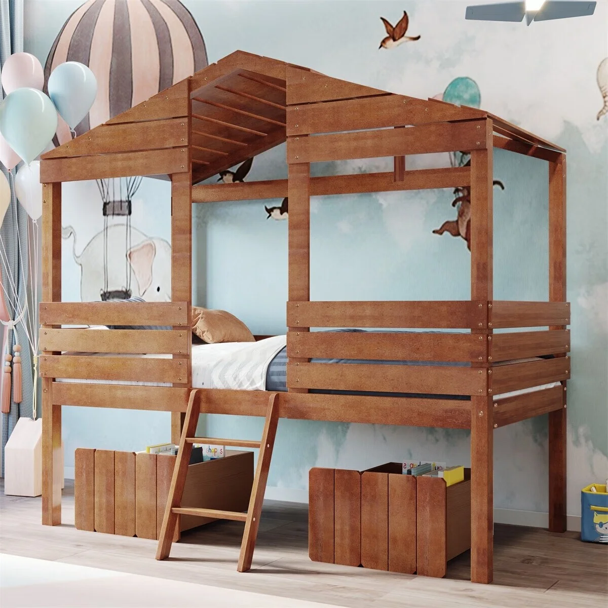 MERAX Wood Twin Size Low Loft House Bed with Two Drawers Walnut
