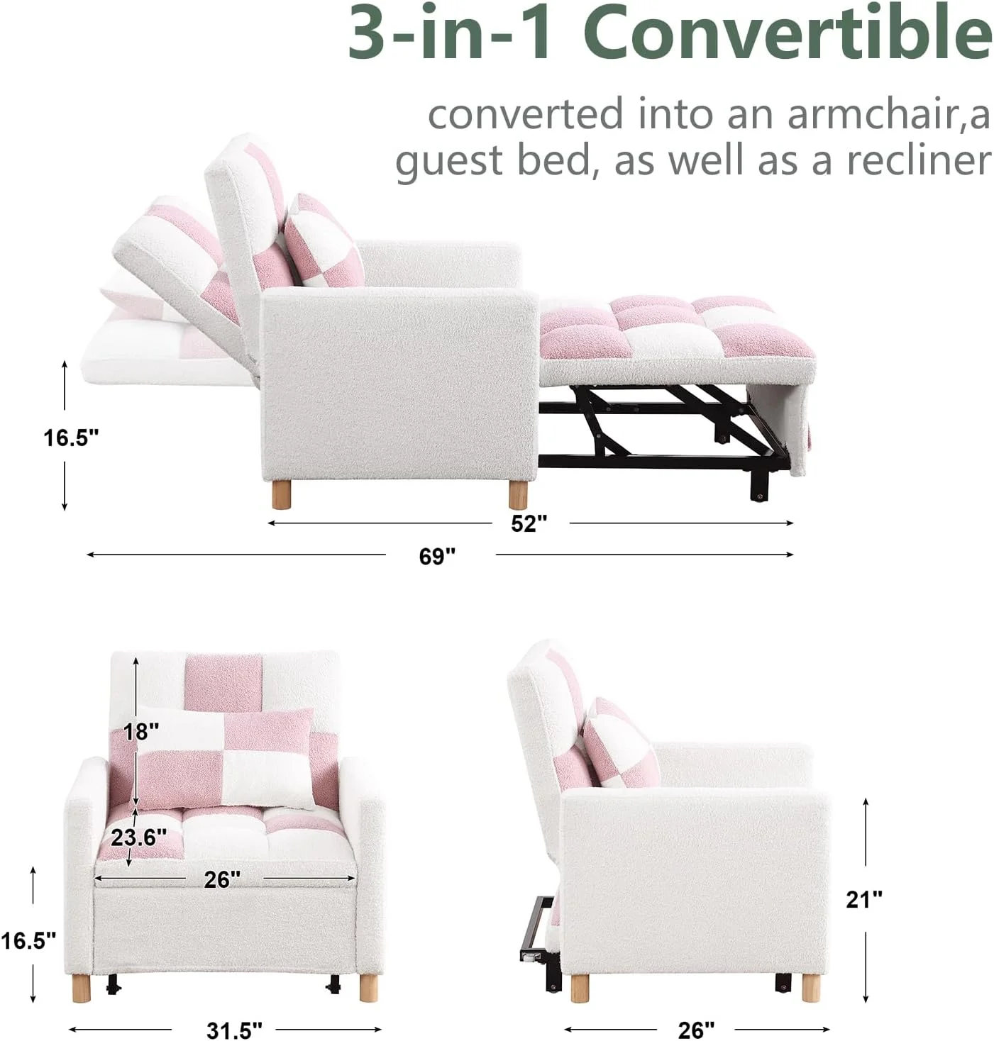 RUNFAYBIU Sleeper Chair Bed 3-in-1Convertible Sleeper Sofa Chair Bed with Pillow Multi-Functional Sleeper Chair with Soft Velvet Fabric for Living Room Dorm Apartment Bedroom or Office