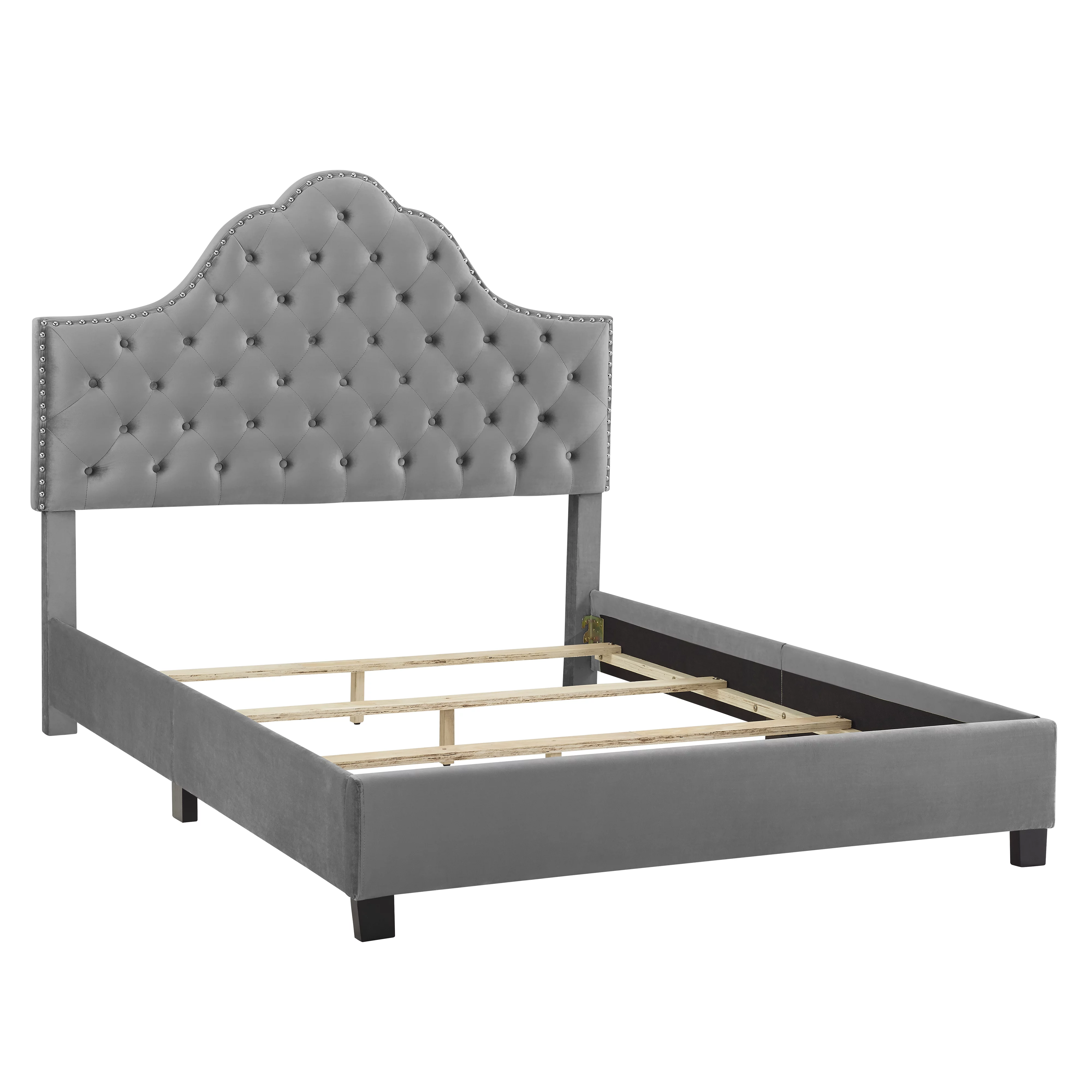 Roundhill Furniture Floris Portman Style Diamond Tufted Upholstered Bed with Nailhead in Gray, King, Velvet