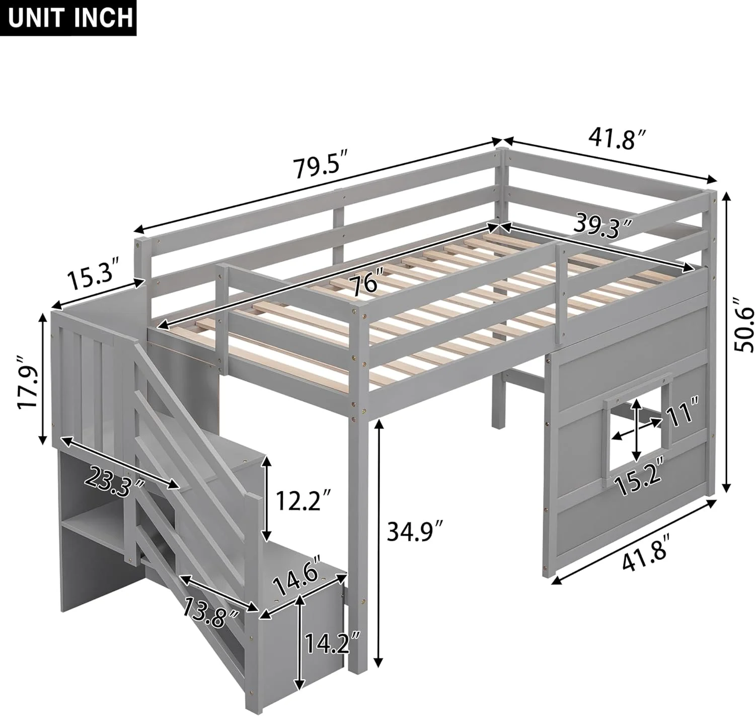 Size Low Lof Bed Wih Sorage Saircase Ad Widow, Woode Lof Bed Frame For Kids, ees, Boys, Girls, o Box Sprig eeded (, Gray)