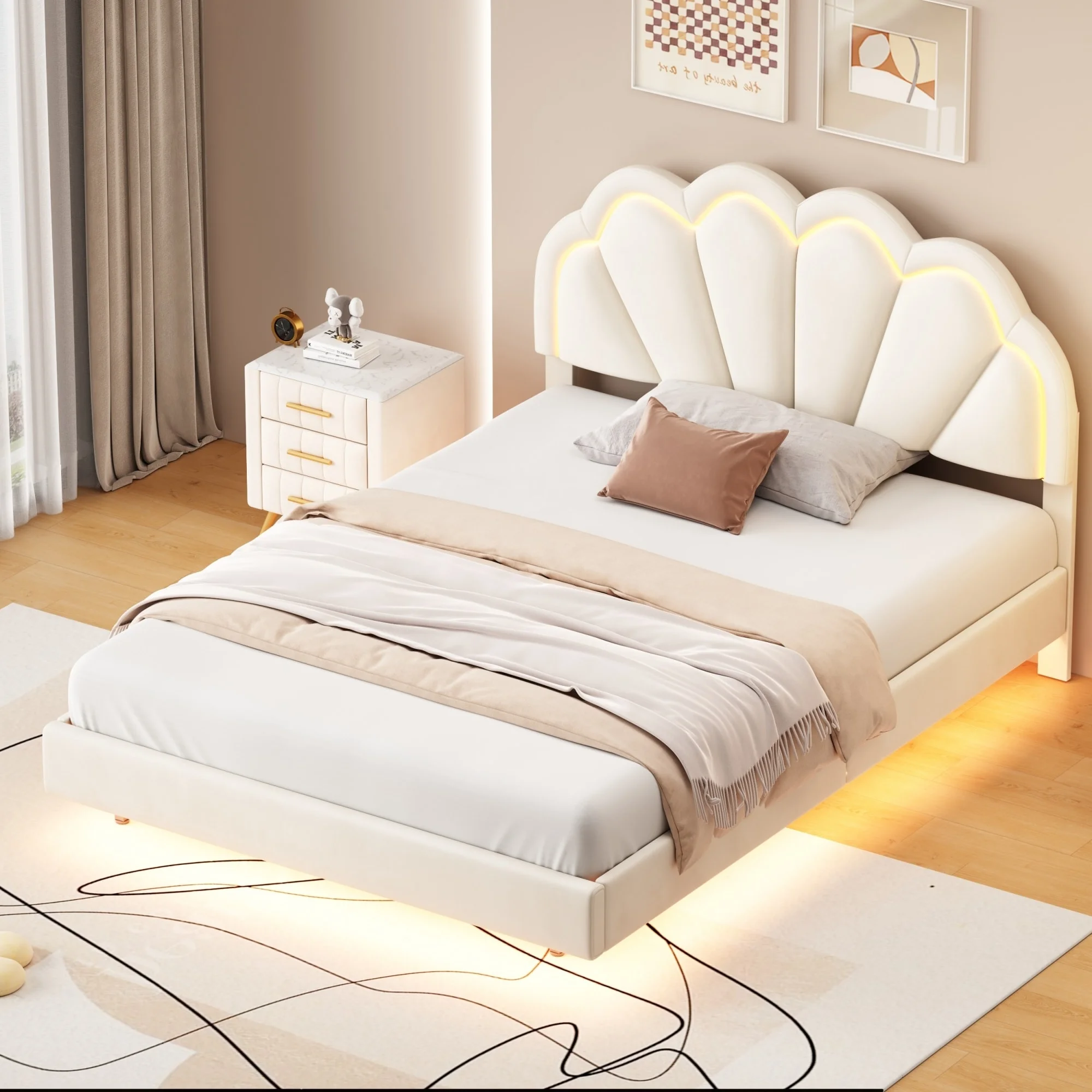 Full Upholstered Smart LED Bed Frame with Elegant Flowers Headboard Beige