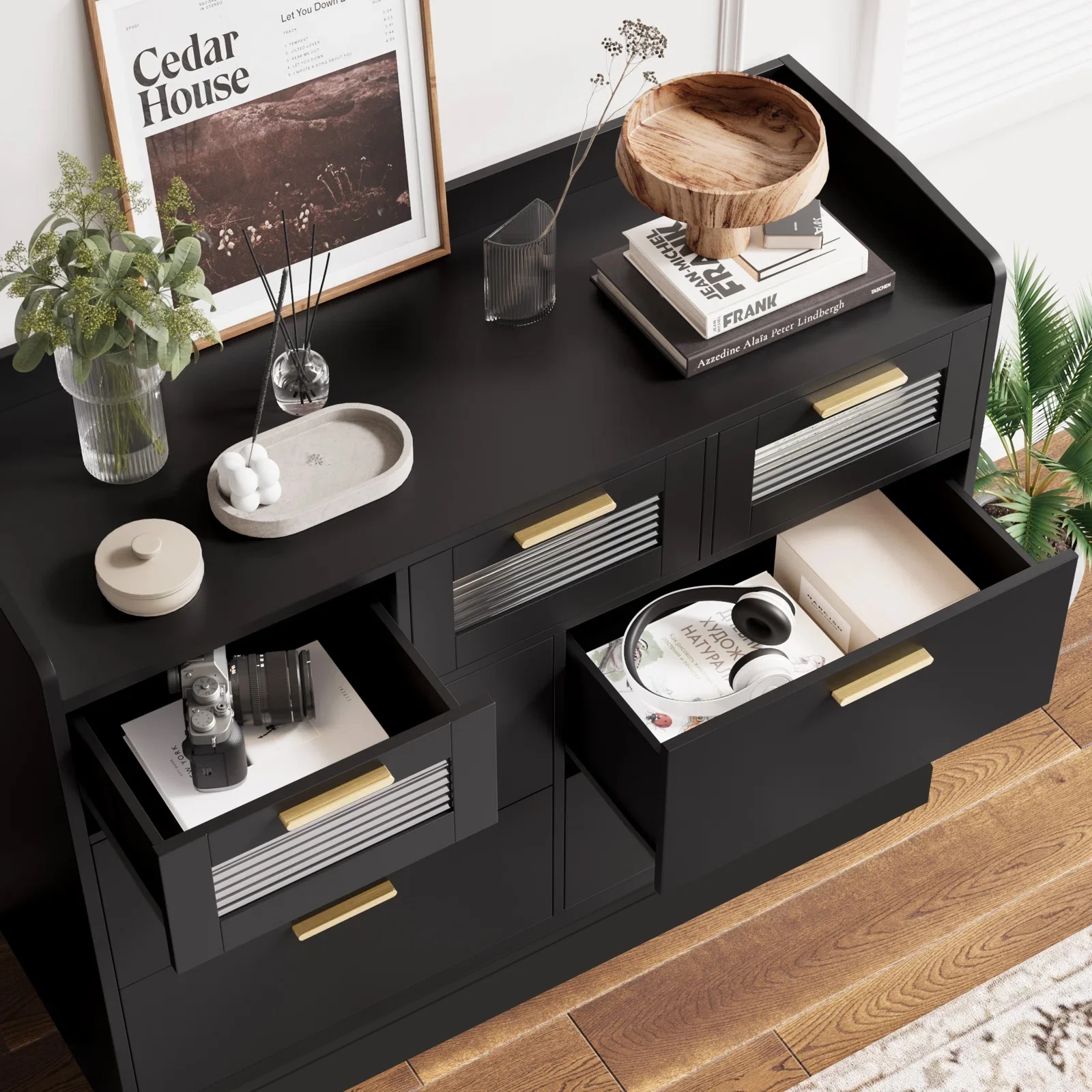 Homfa 7 Drawer Black Dresser for Bedroom, Glass Panel Wood Storage Cabinet with Easy Pull Out Handles for Living Room