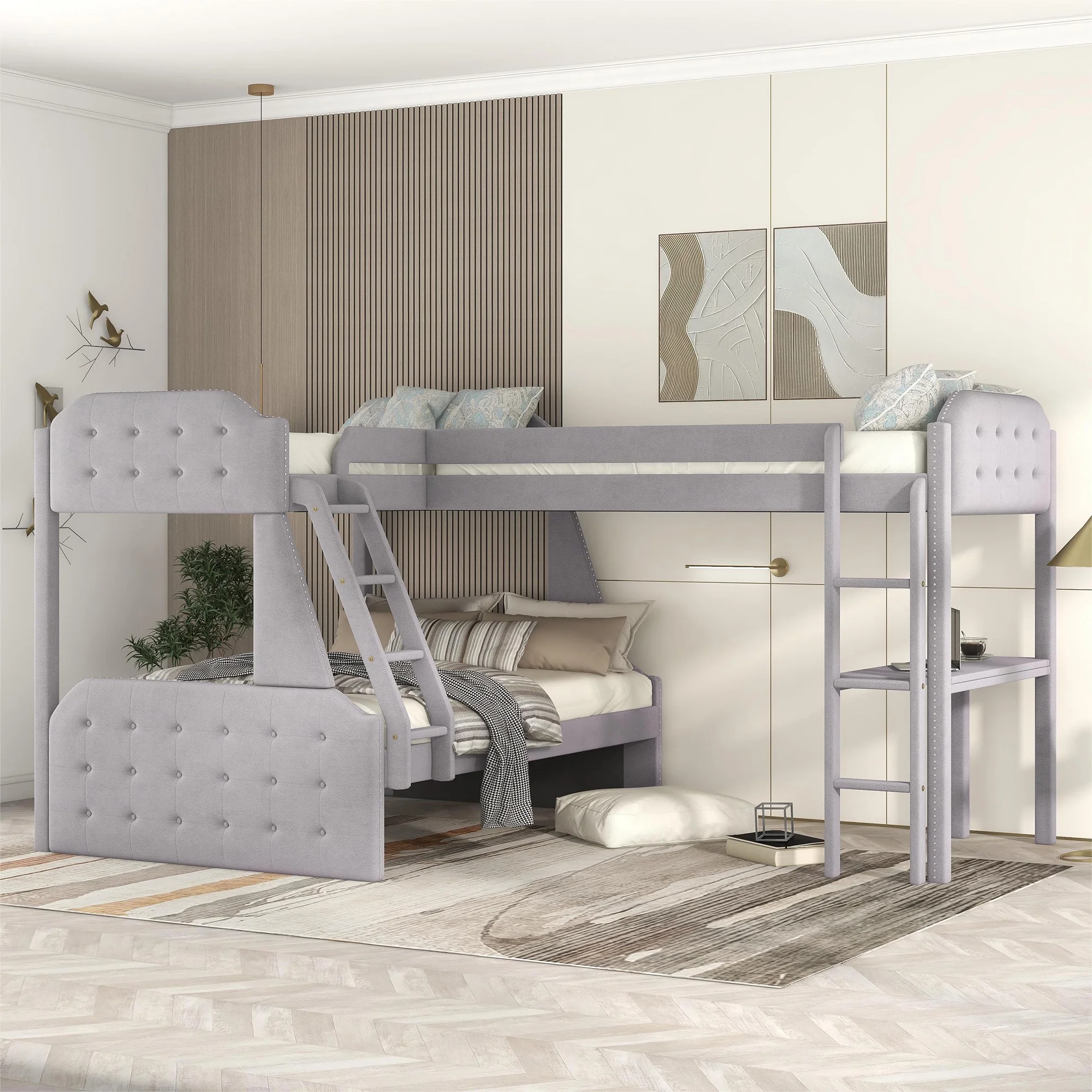 CoSoTower L-Shaped Twin over Full Bunk Bed and Twin Size Loft Bed with Desk, Grey
