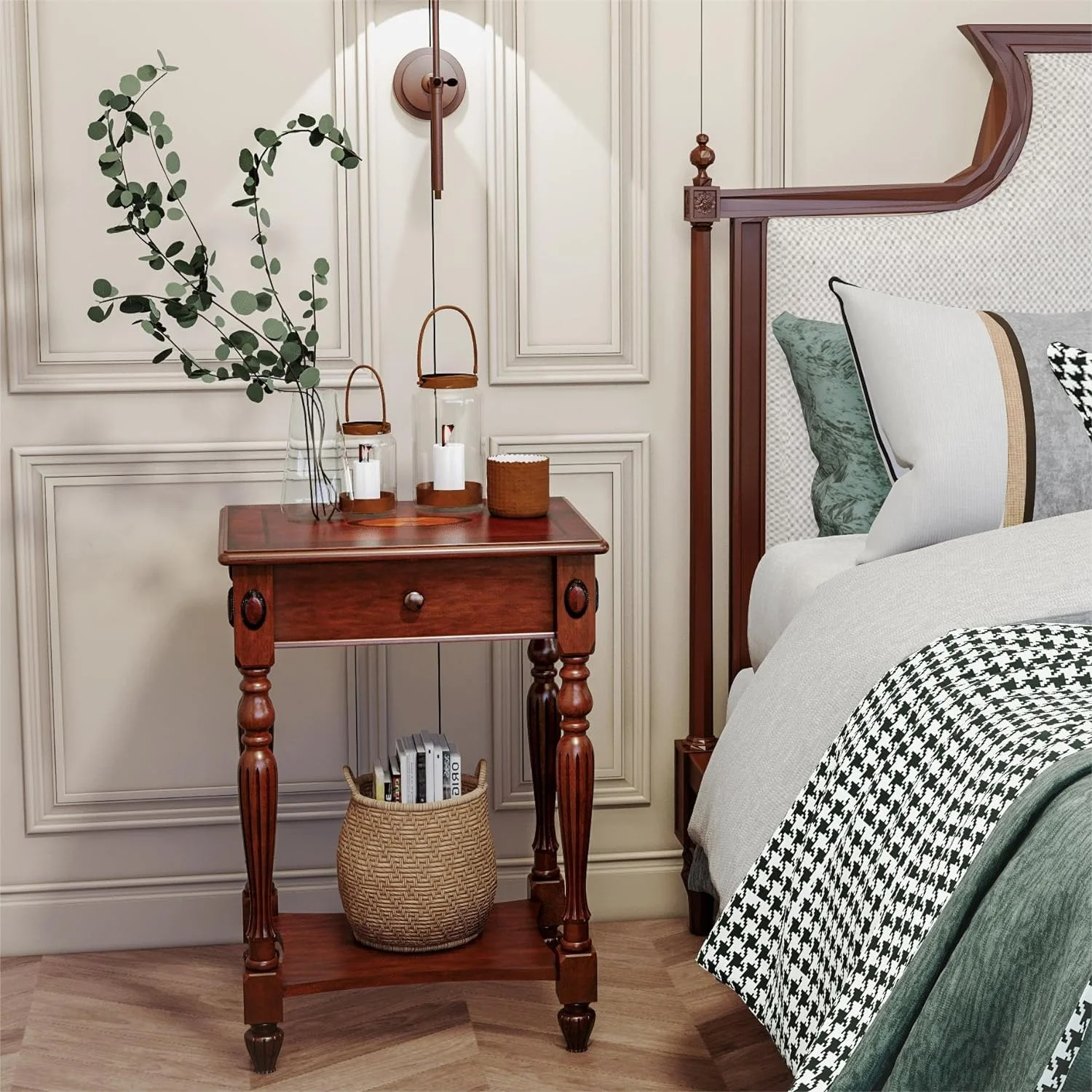 RUNFAYBIU Solid Wood End Tables Living Room Accent with Drawer and Tall Nightstands Bedside Tables for Bedroom 19.7"x 15.7"x 27.6" Cherry Walnut GBJ-1533-WD