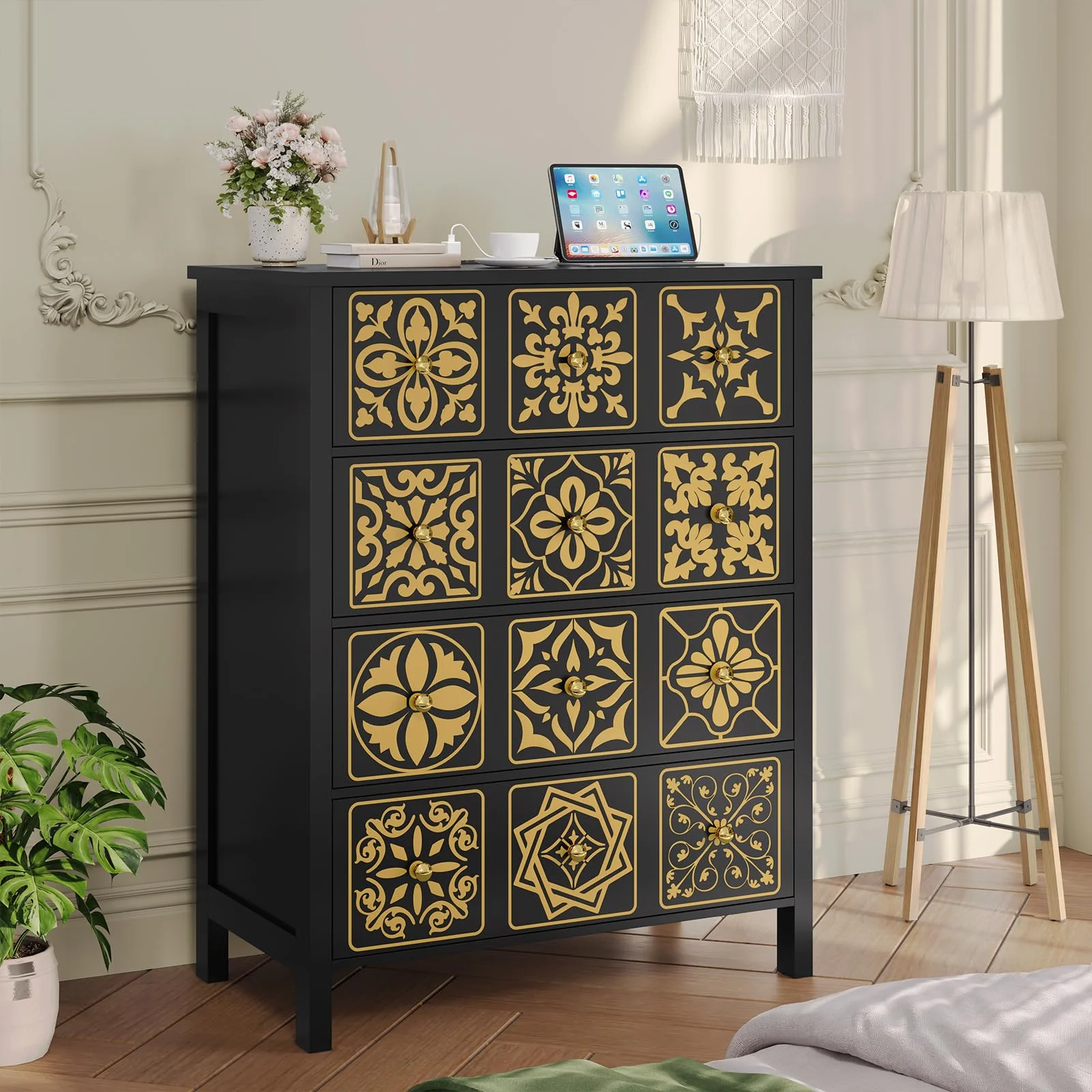 4 Drawers Dresser, Boho Chest of 4 Drawers Dresser with Charging Station for Bedroom, Living Room, Black