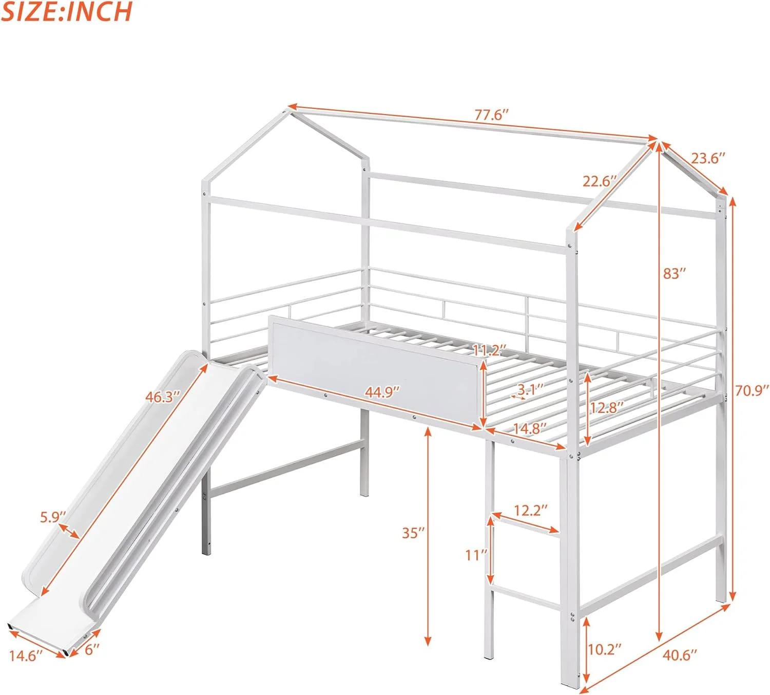 Metal Loft Bed With Slide, Graffiti Board And Ldder, Metal House Bed With Roof And Guardrail, White