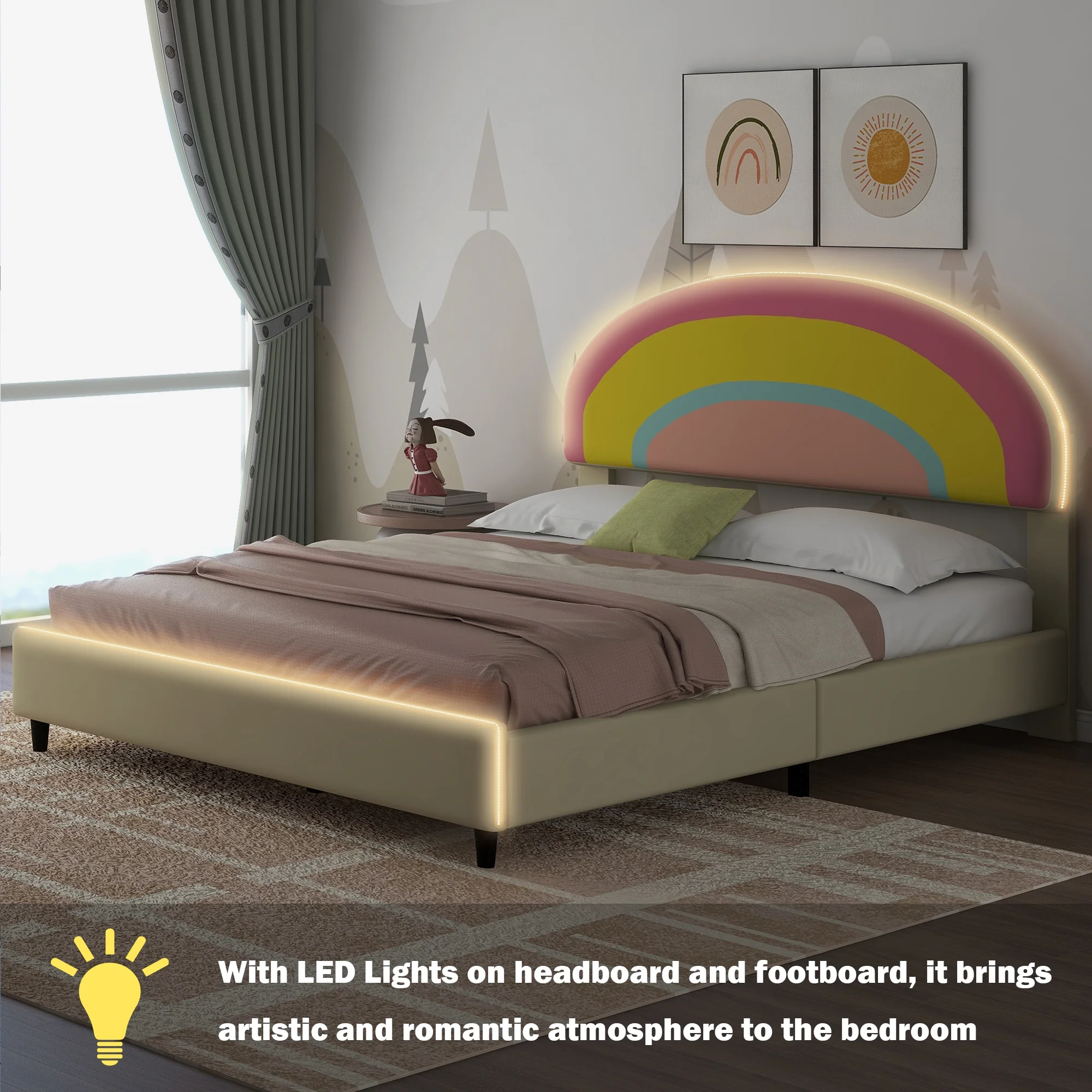 Bellemave Full Size Upholstered Platform Bed with Rainbow Shape Headboard and Lights Wooden Low Platform Bed Full LED Princess Bed Frame with Height-Adjustable Headboard for Girls, Beige
