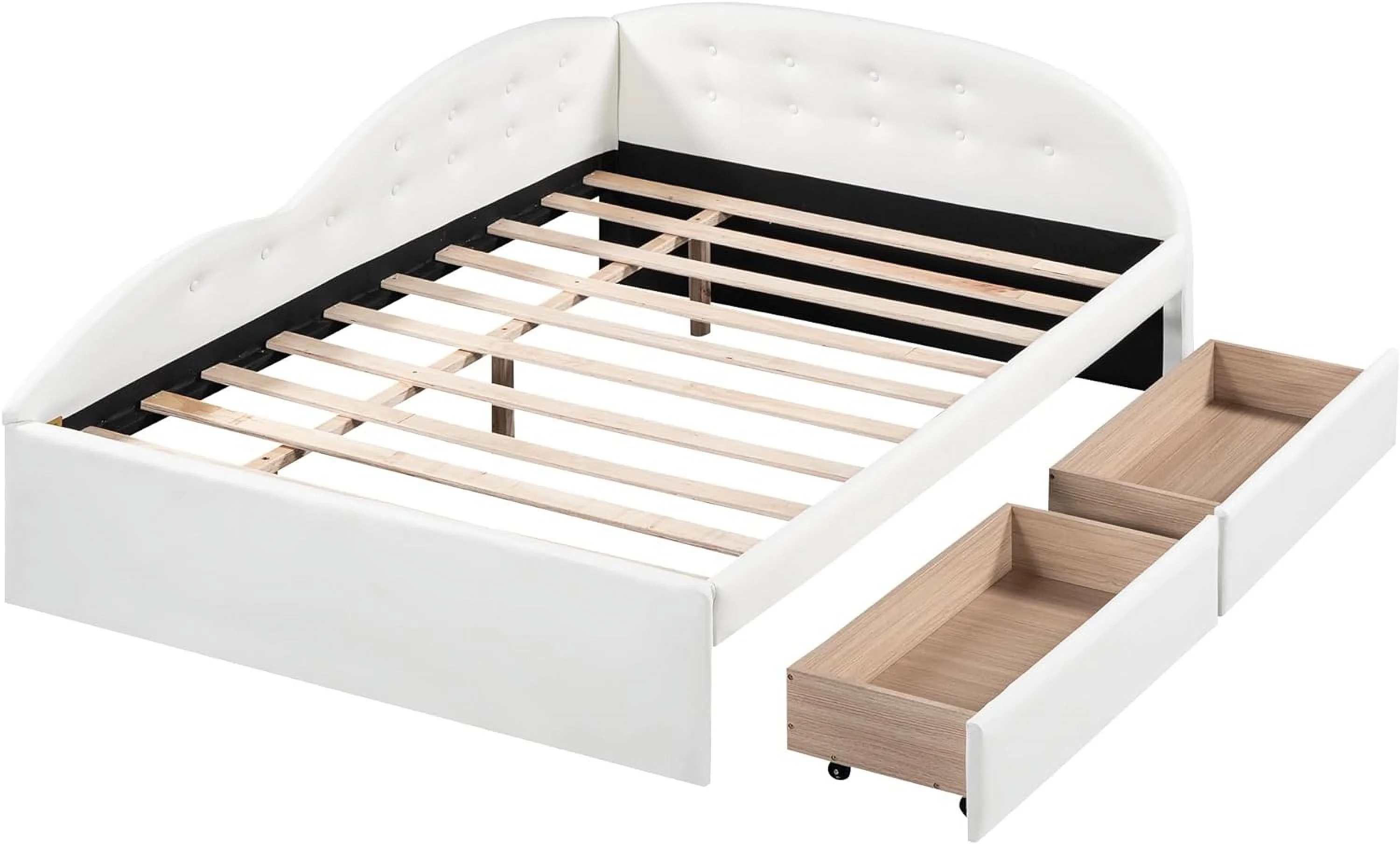 Multifunctional Design Full Size PU Upholstered Tufted Daybed with 2 Drawers, Wood Upholstered Platform Bed Frame with Headboard and Cloud Shaped Guardrail,for Bedroom Living Room