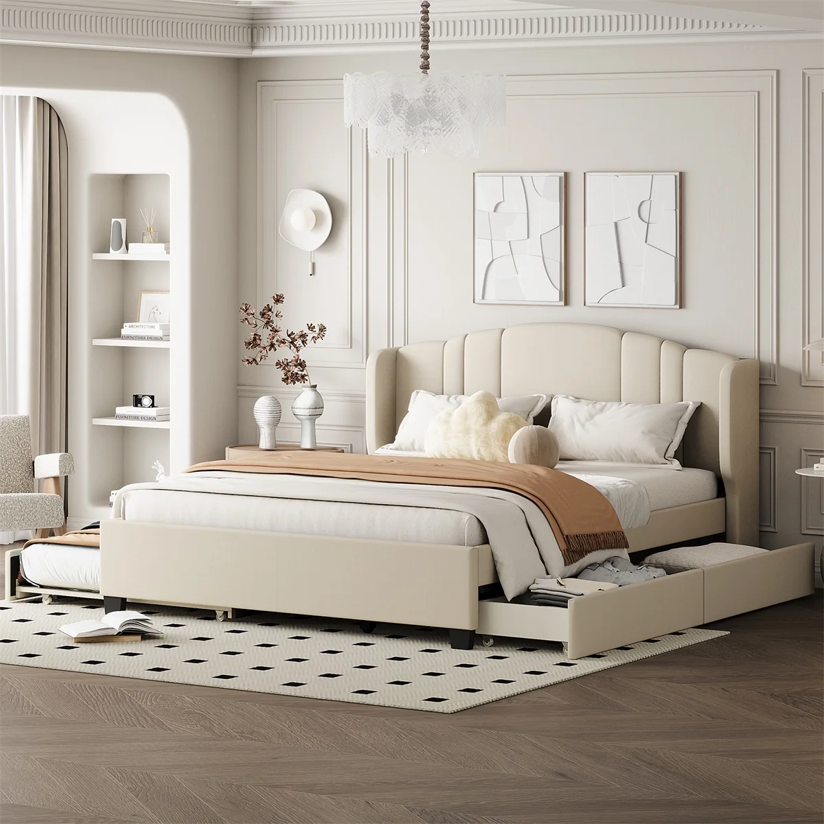 Queen Size Upholstered Bed with Headboard, with Trundle and 2 Drawers, No Box Spring Needed, Linen Fabric, Beige