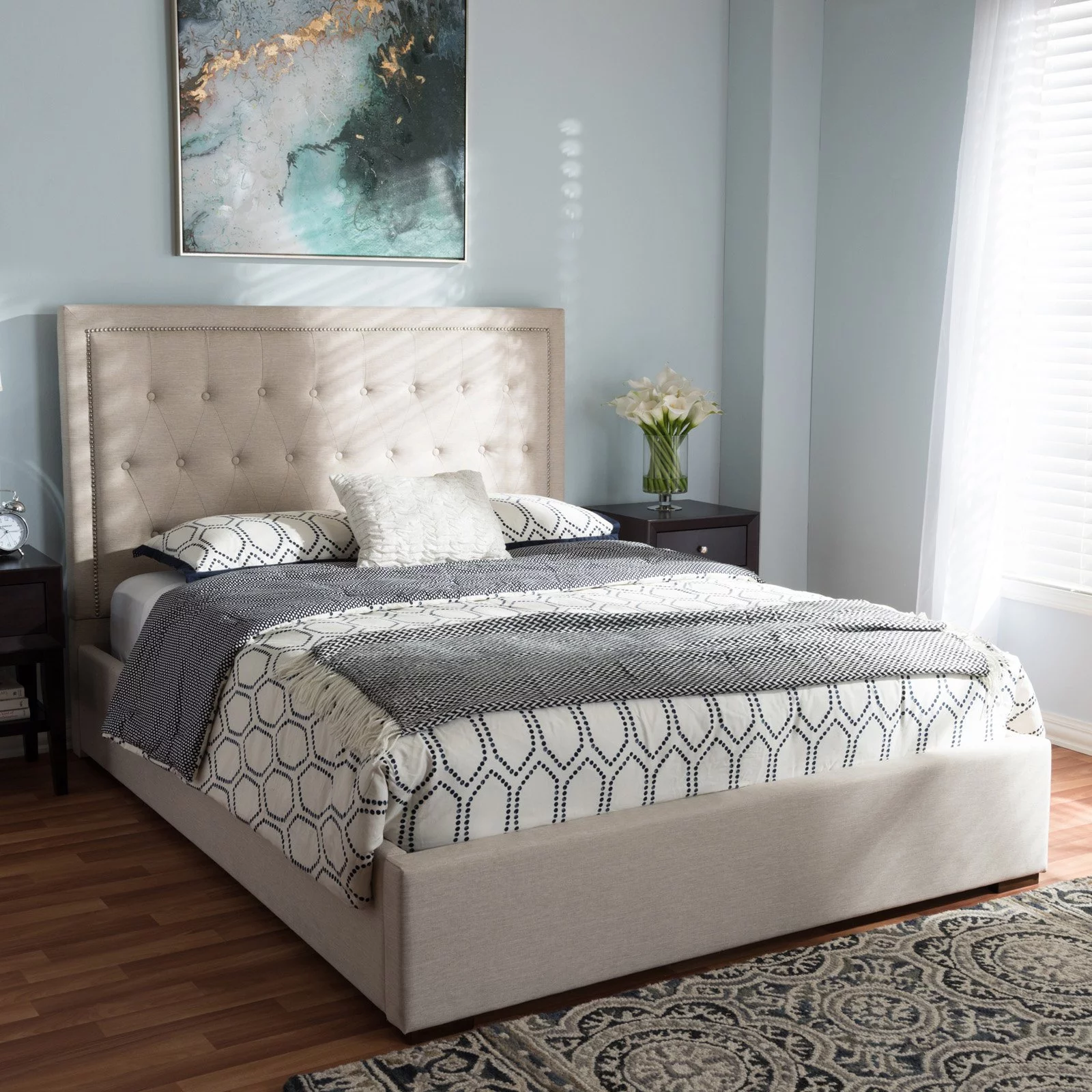 Baxton Studio Taylor Modern and Contemporary Light Beige Fabric Queen Size Gas-Lift Platform Bed