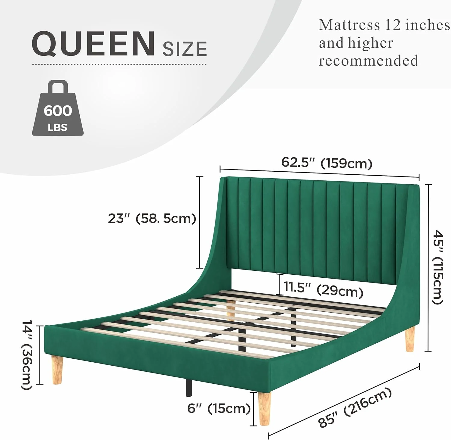 YGDU Bed Frame Queen Size Vertical Tufted Headboard Platform Beds with Wingback Design Green Velvet Queen Bed Frame, No Box Spring Needed