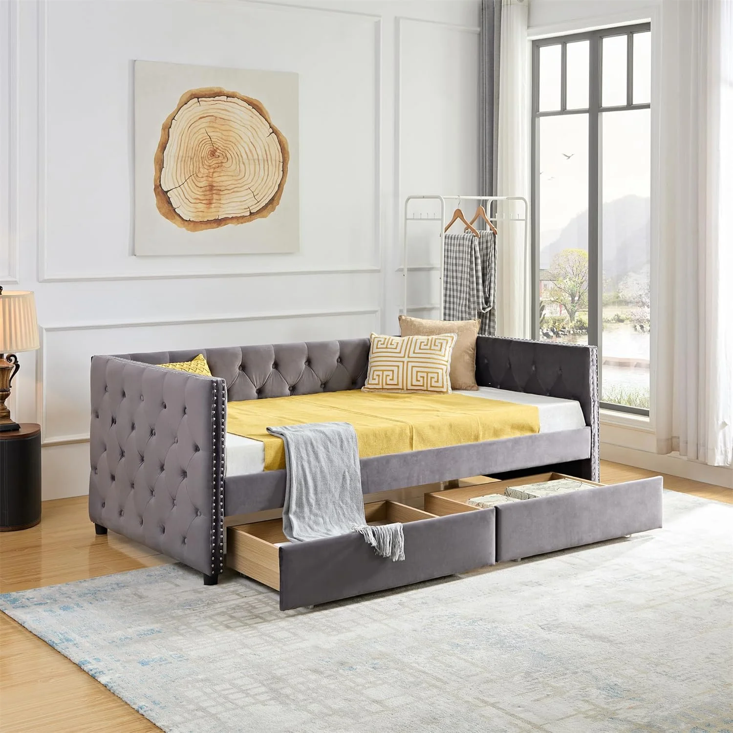 Velvet Upholstered Daybed With 2 Storage Drawers, Upholstered Tufted Sofa Bed With Nail Head Trim, Sofa Bed Storage Daybed With Wood Frame, Grey