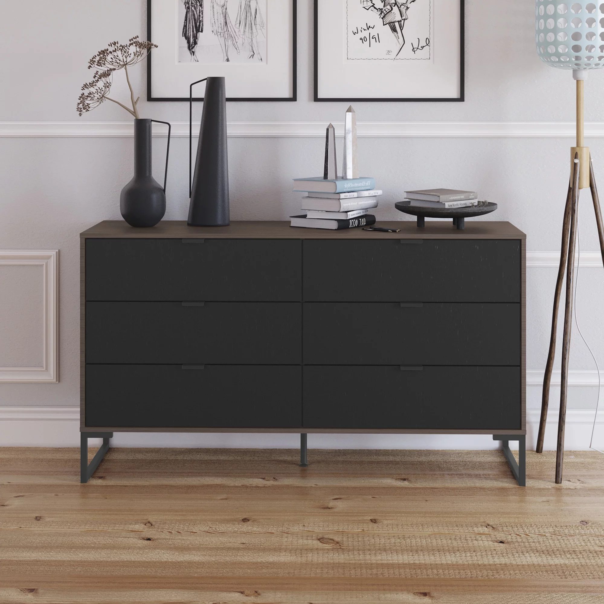 New Collins Modern Dresser in Dark Brown/Black - 6 Drawers - 32.2 in. H x 57.1 in. W x 17.7 in. D