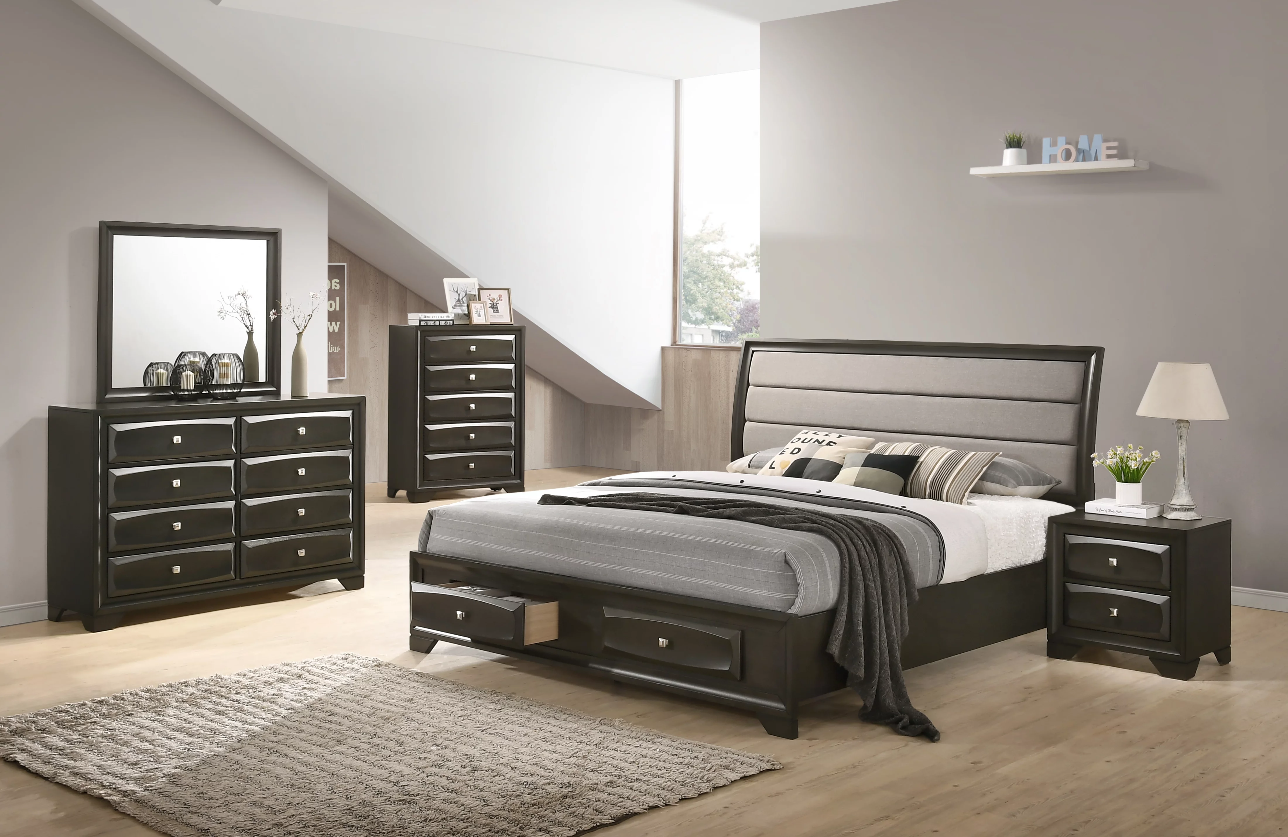 Asger Wood Bedroom Set with Upholstered Storage Bed, Dresser, Mirror, Nightstand, Chest, Queen Size, Antique Gray Finish